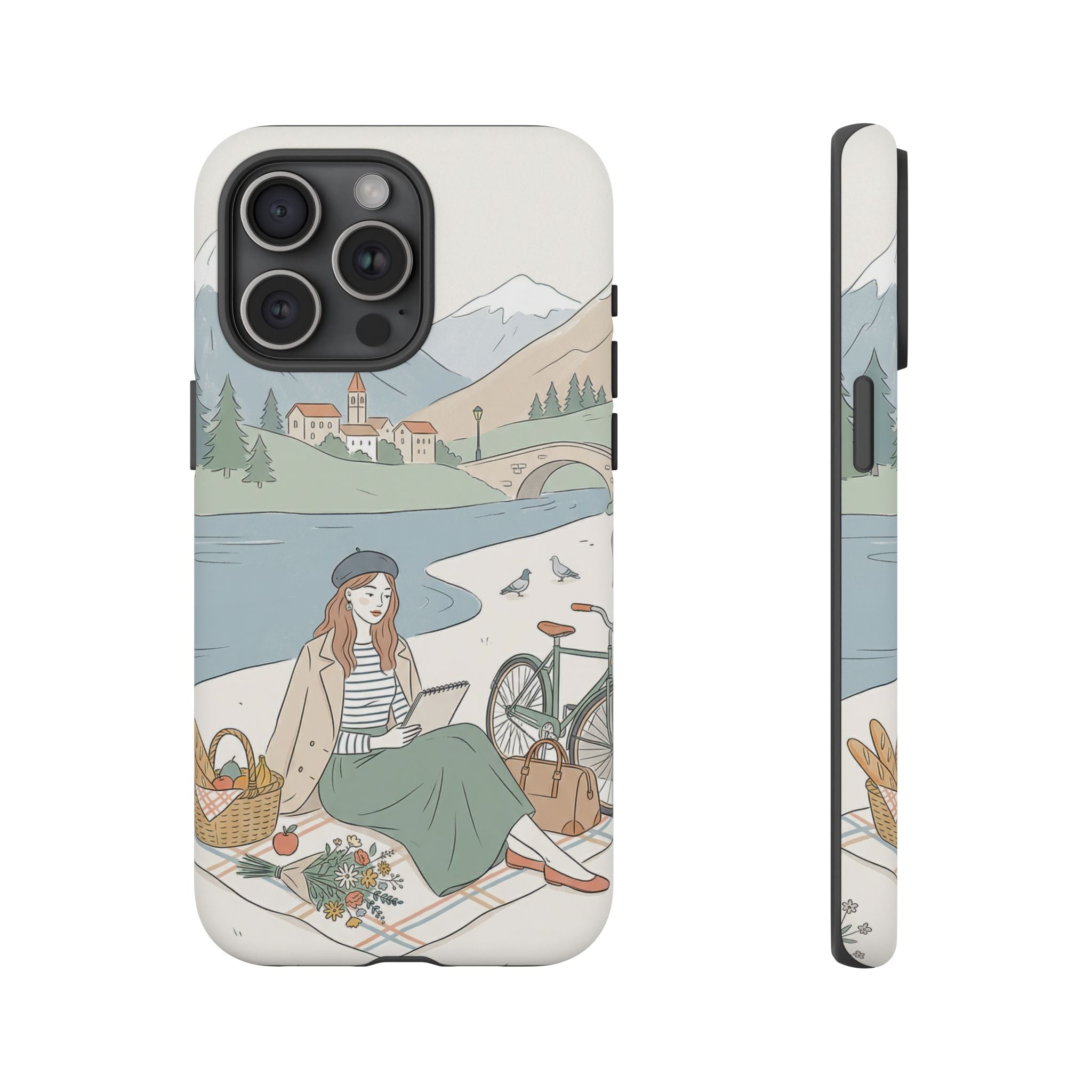 Scenic Picnic iPhone Case | Vintage Bicycle & Mountain Illustration