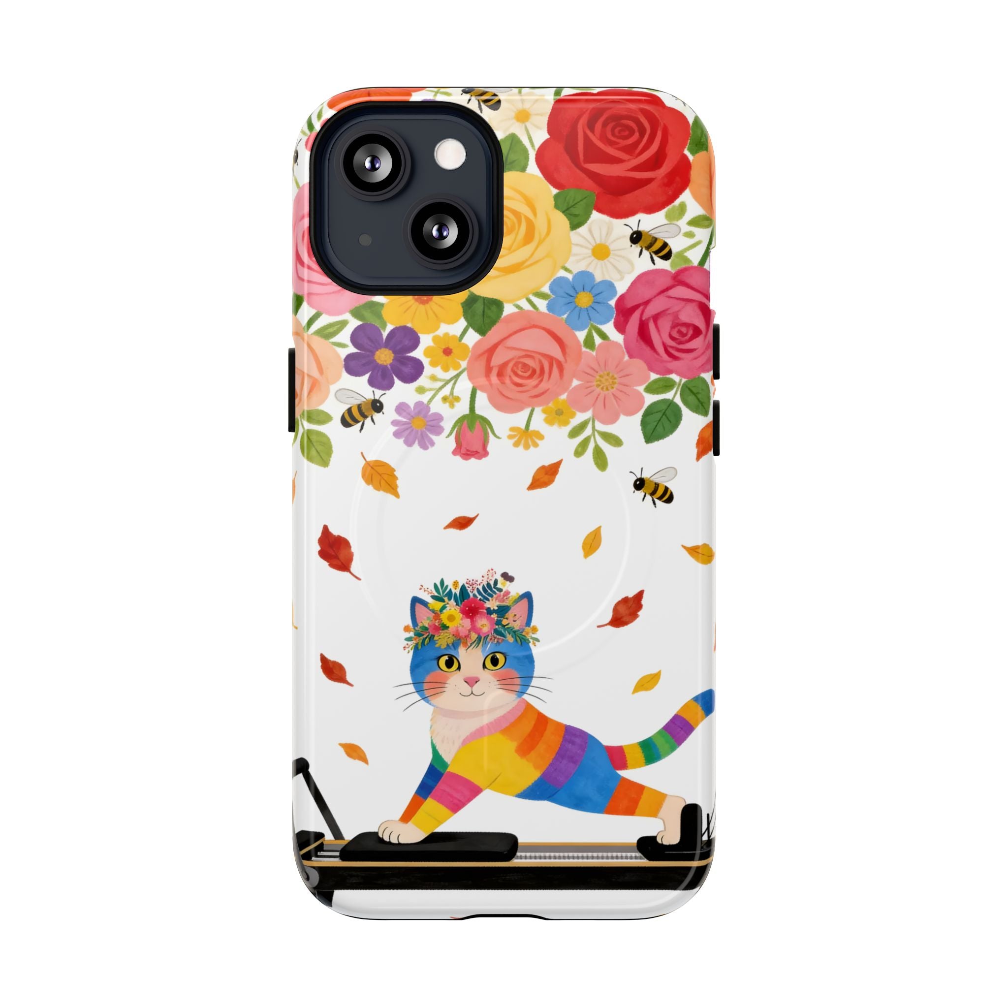 Floral Rainbow Cat Tough MagSafe iPhone Case — Colorful Pilates Cat Design