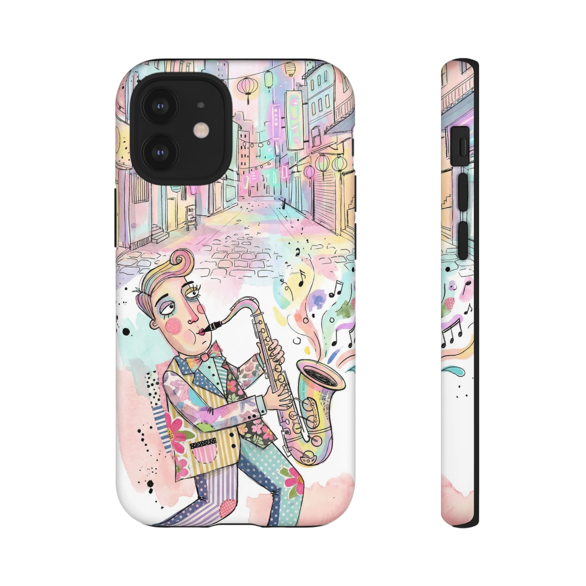 Sax Player Art iPhone Case | Pastel Jazz Street Illustration