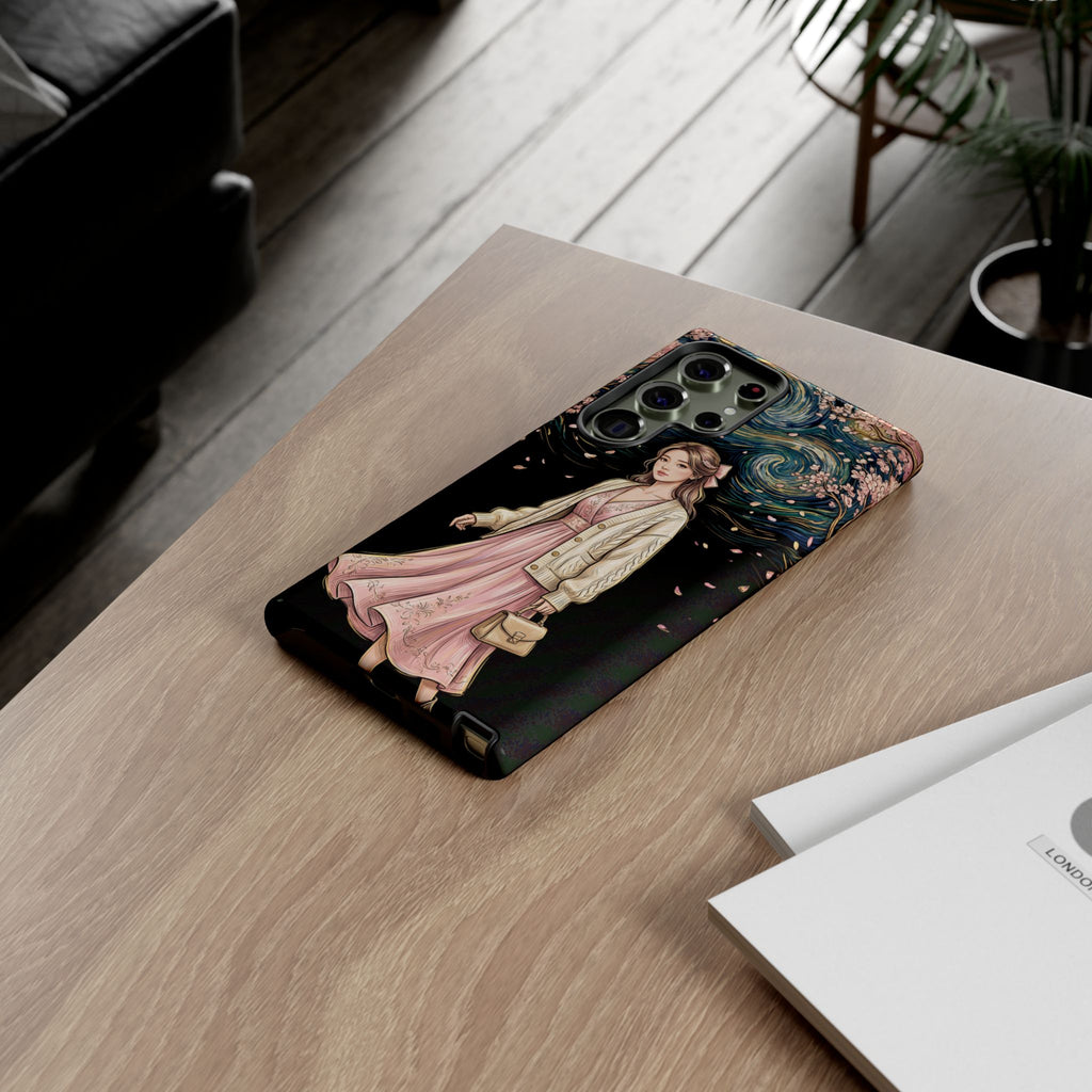 Floral Starry Night Samsung Galaxy Phone Case | Elegant Girl in Pink Dress