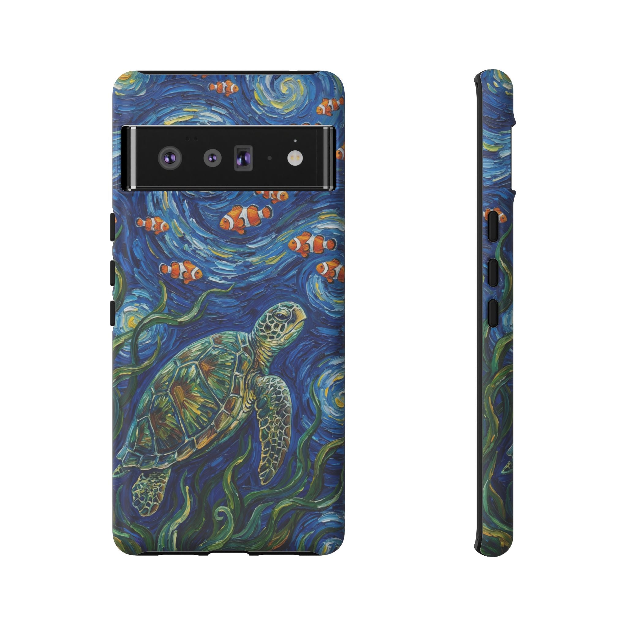 Sea Turtle & Clownfish Tough Google Pixel Case | Van Gogh Style Ocean Art