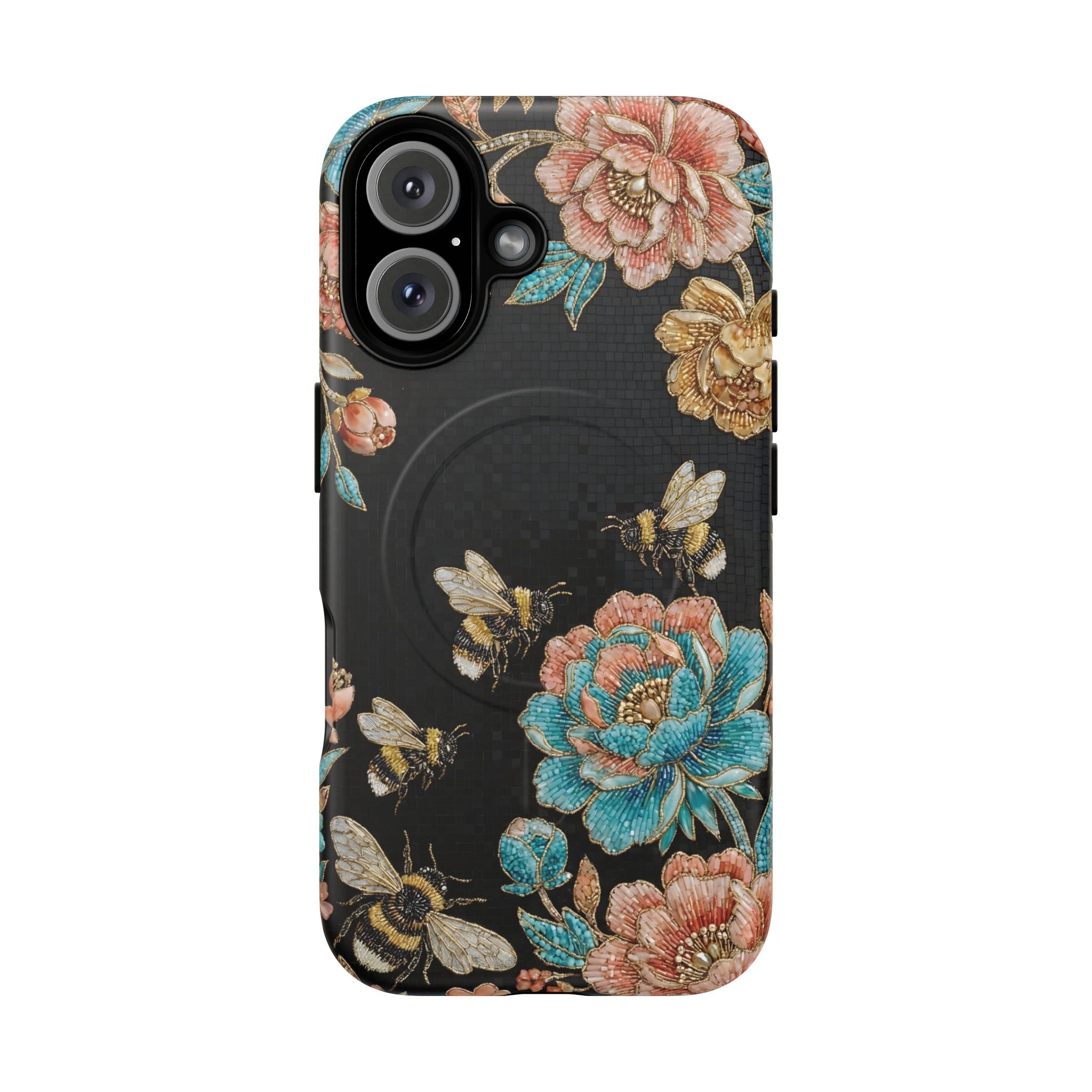 Floral Bees Tough MagSafe iPhone Case | Vintage Rose & Bumblebee Protective Cover