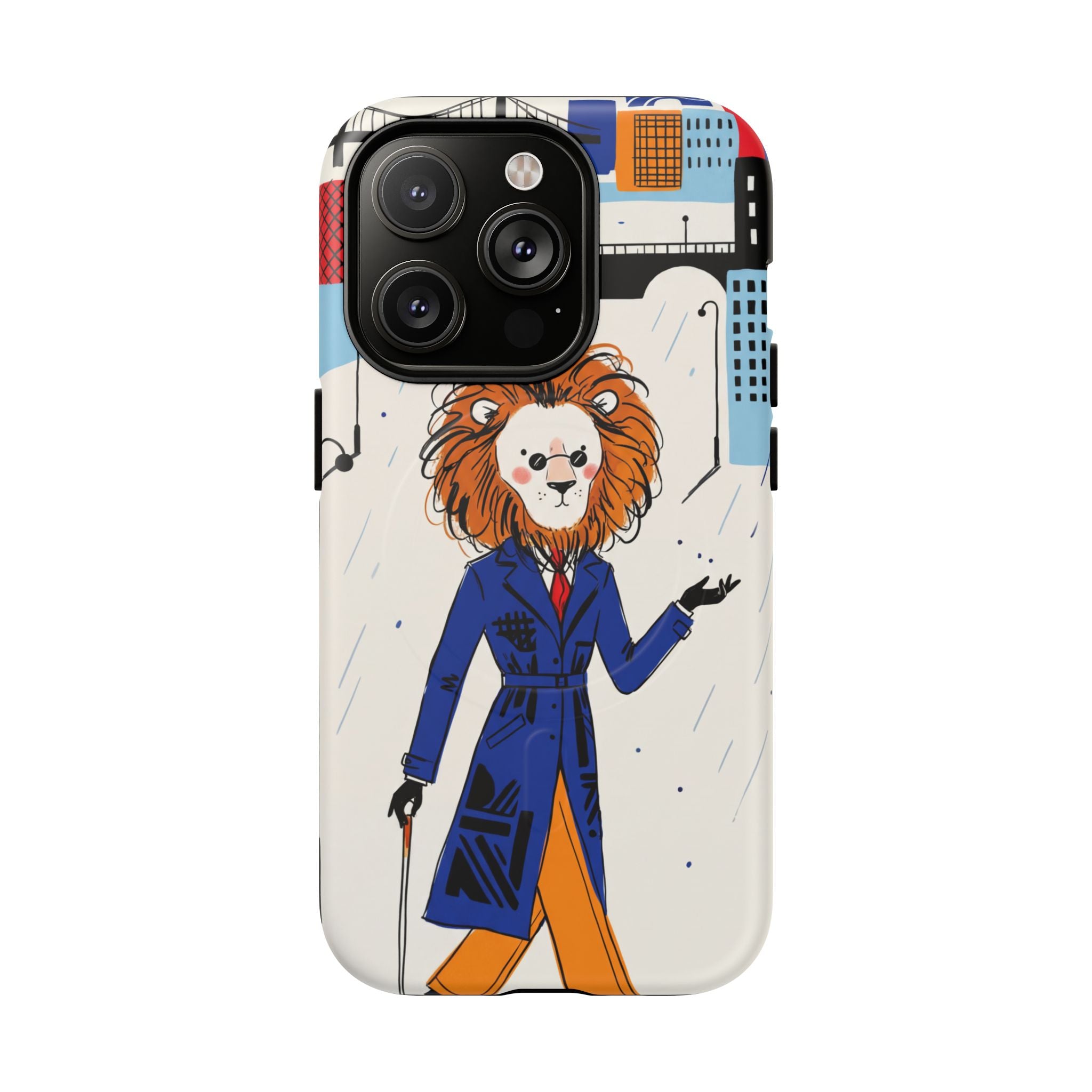 Lion Gentleman MagSafe iPhone Case | Dapper Lion in City Rain
