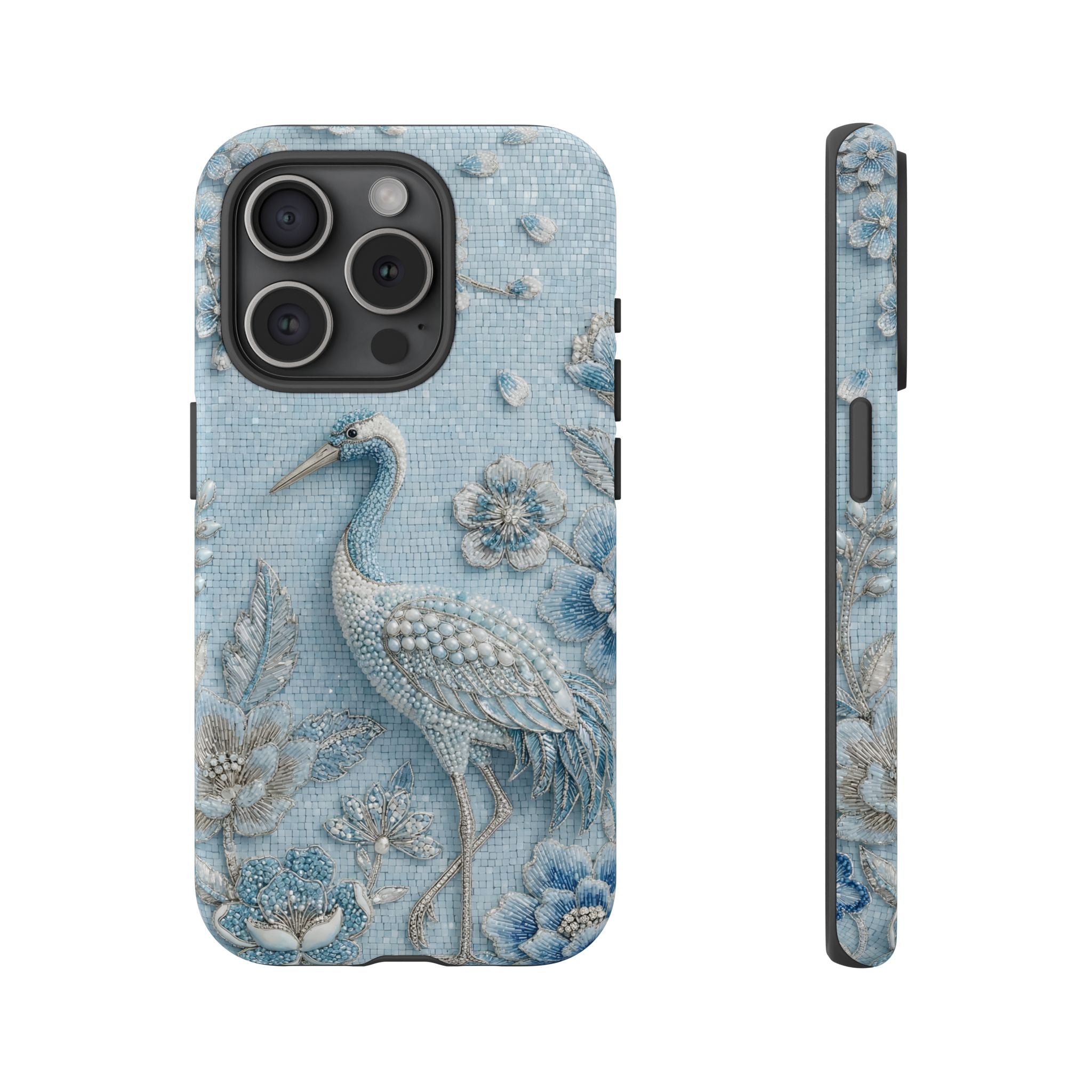 Blue Crane Floral iPhone Case | Vintage Embossed Bird Design