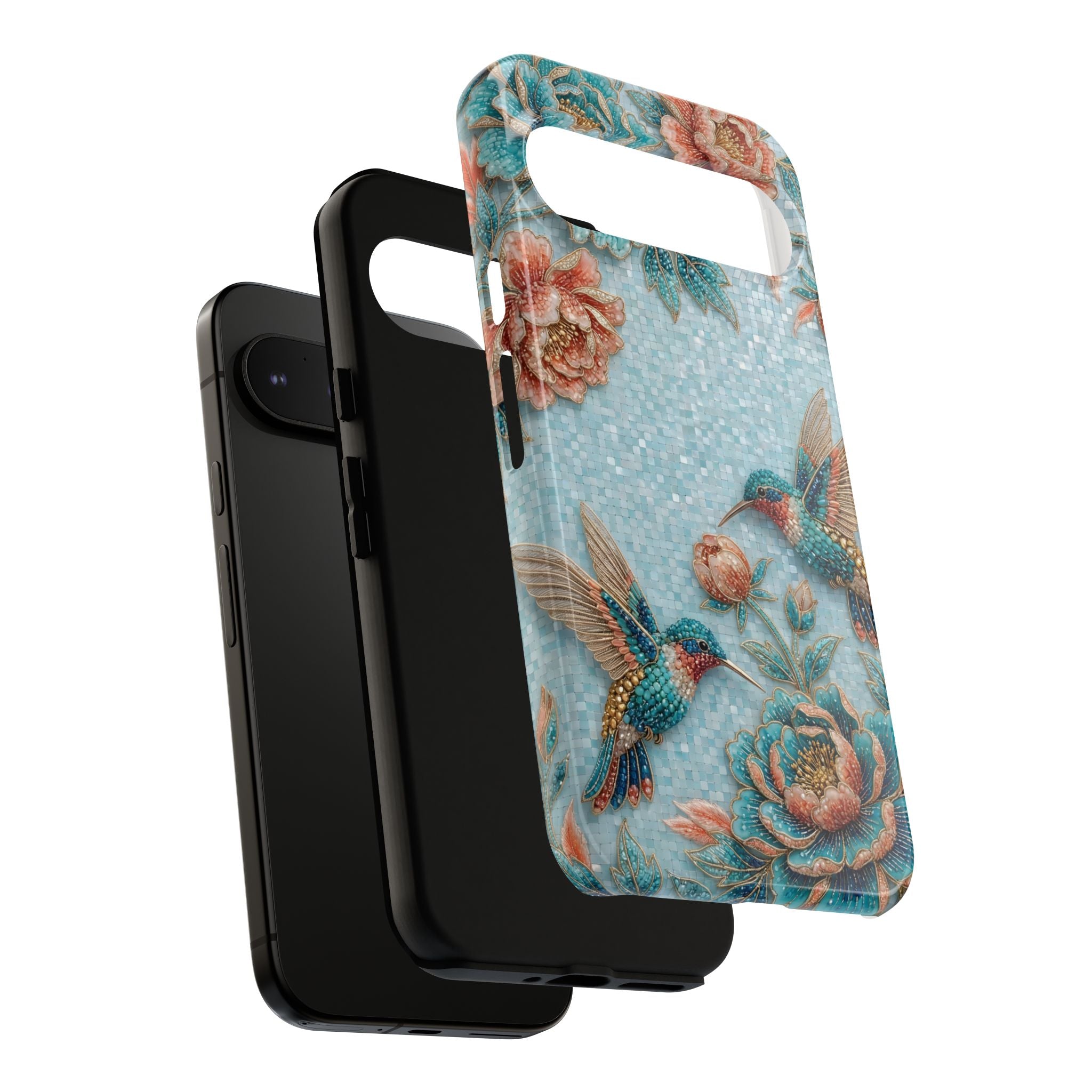 Cover per telefono Google Pixel "Hummingbird Floral Tough" | Design vintage floreale blu