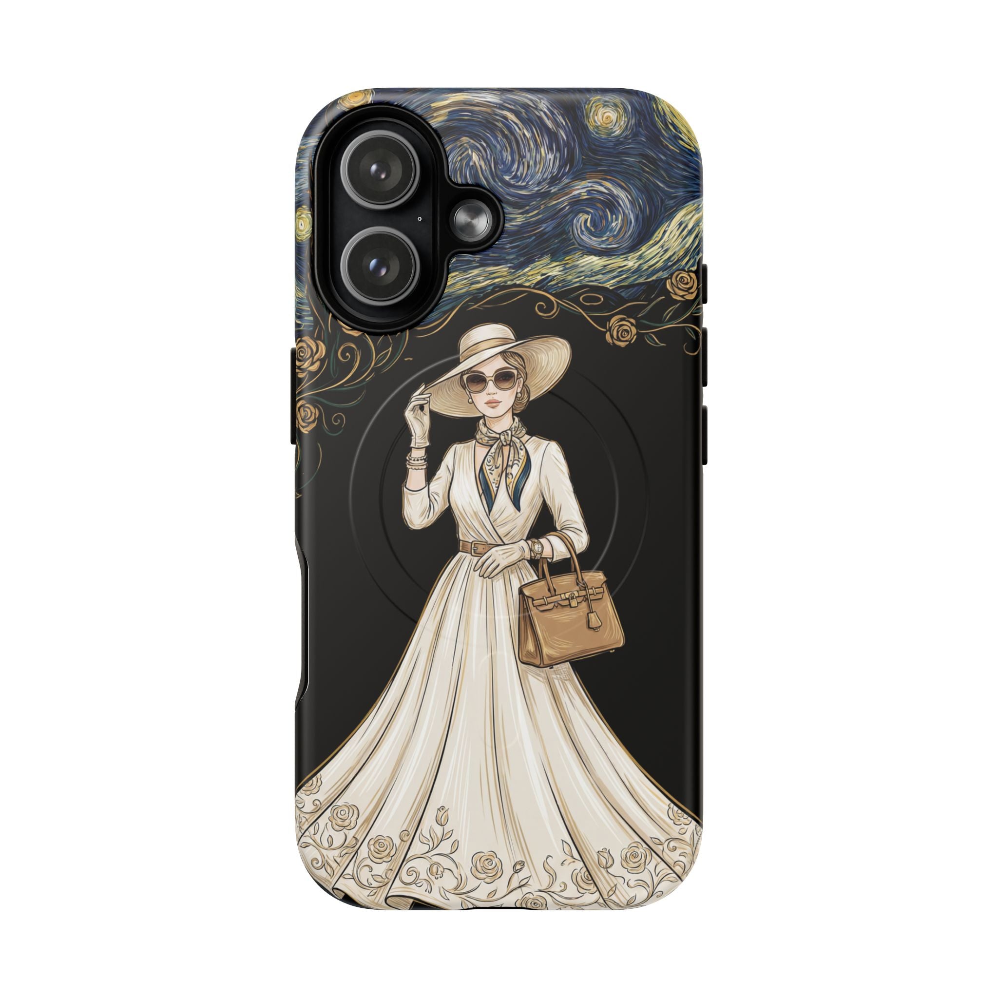 Vintage Starry Night Fashion MagSafe iPhone Case | Elegant Lady in White Dress