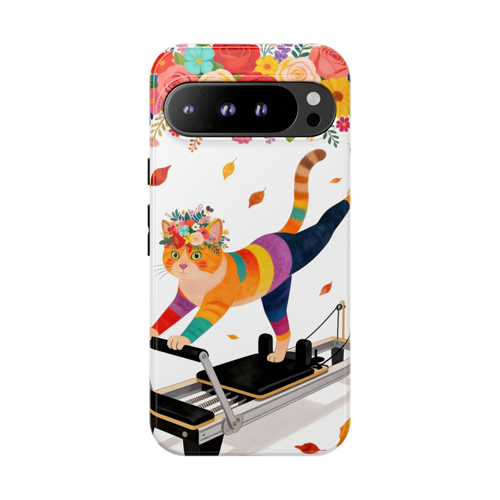 Cat Pilates Google Pixel Phone Case | Floral Rainbow Cat on Reformer