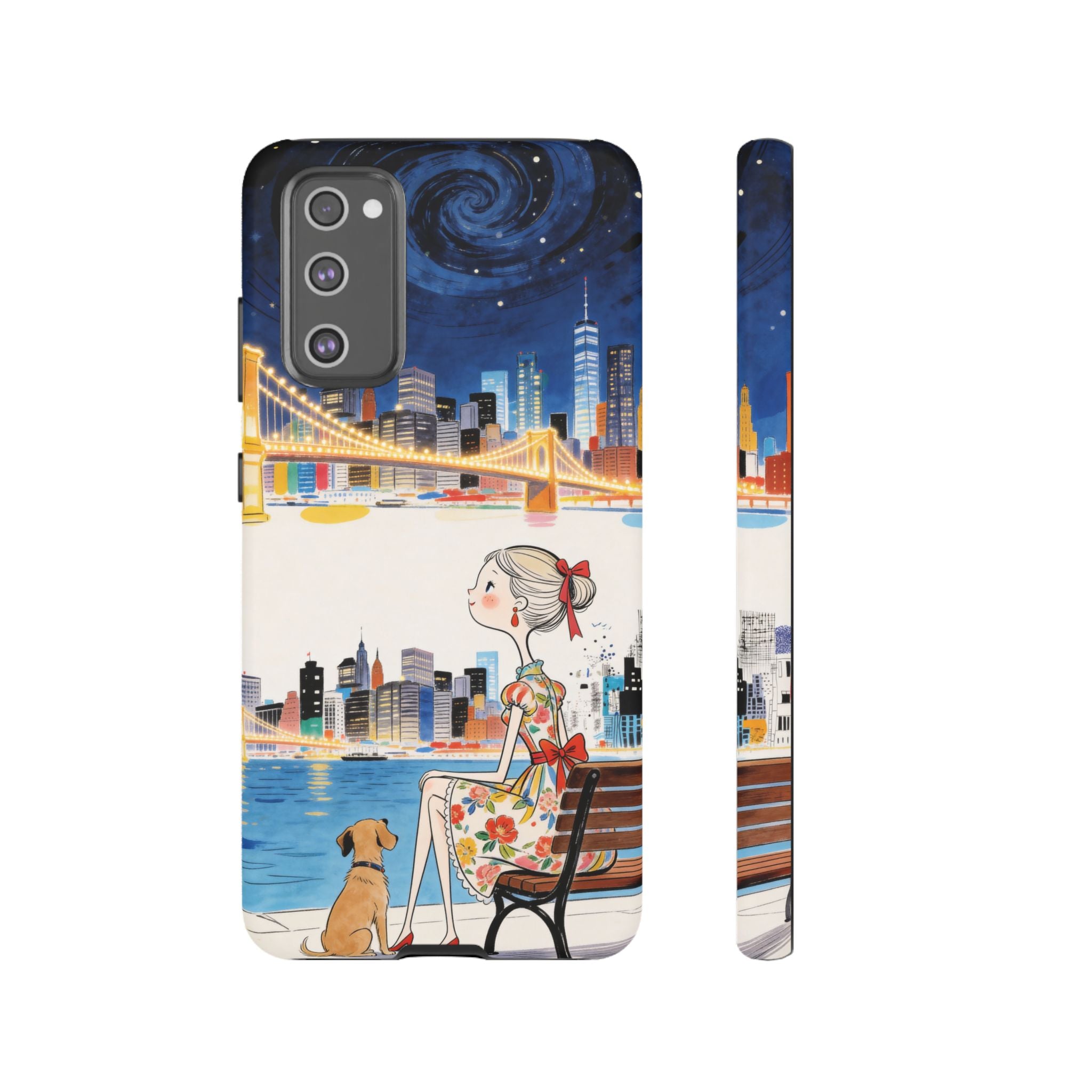 City Night Samsung Galaxy Phone Case | Cute Girl & Dog Bench Illustration
