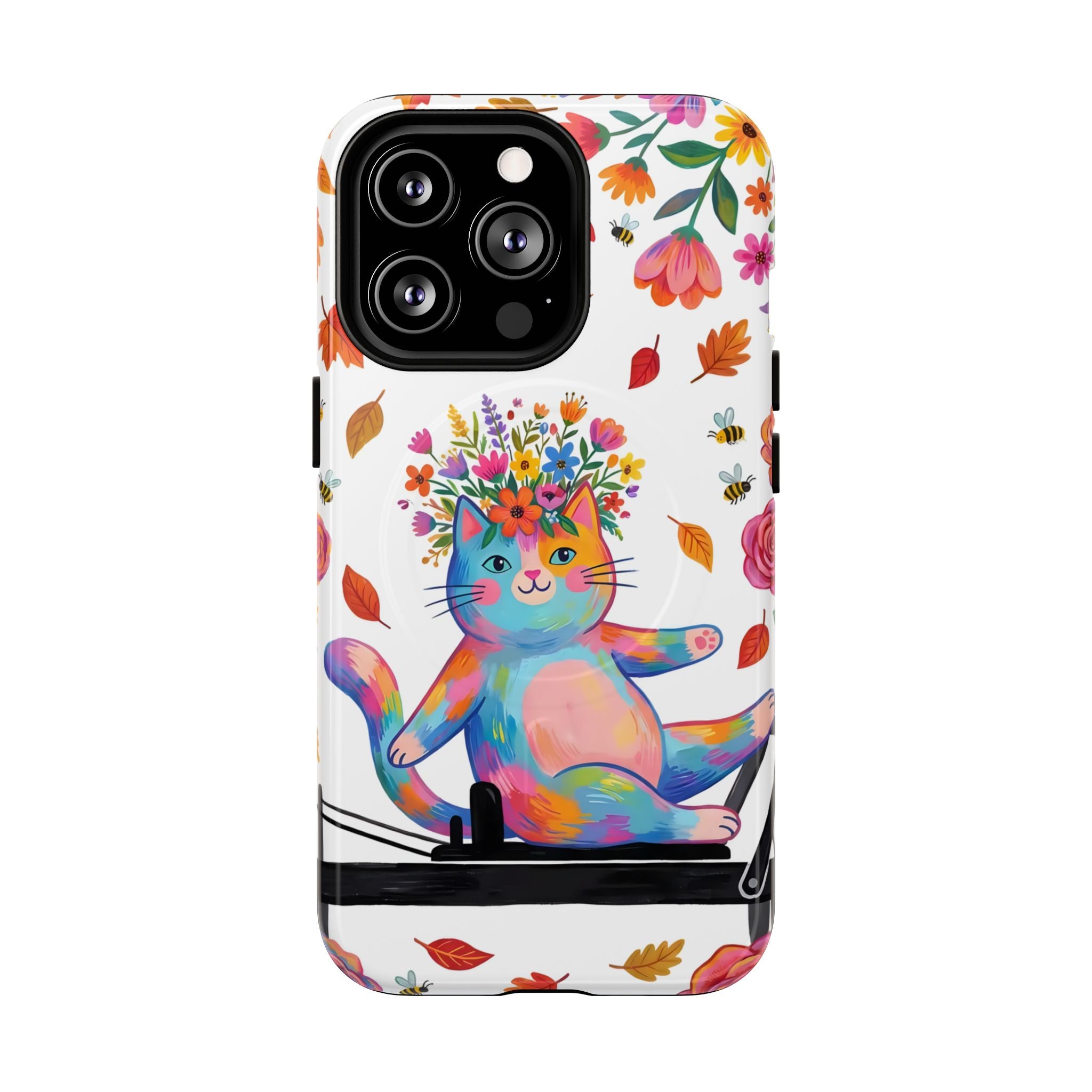 Colorful Floral Cat on Pilates Reformer Protective MagSafe iPhone Case