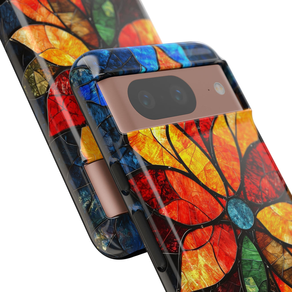 Stained Glass Flower Google Pixel Case — Colorful Mosaic Protective Cover