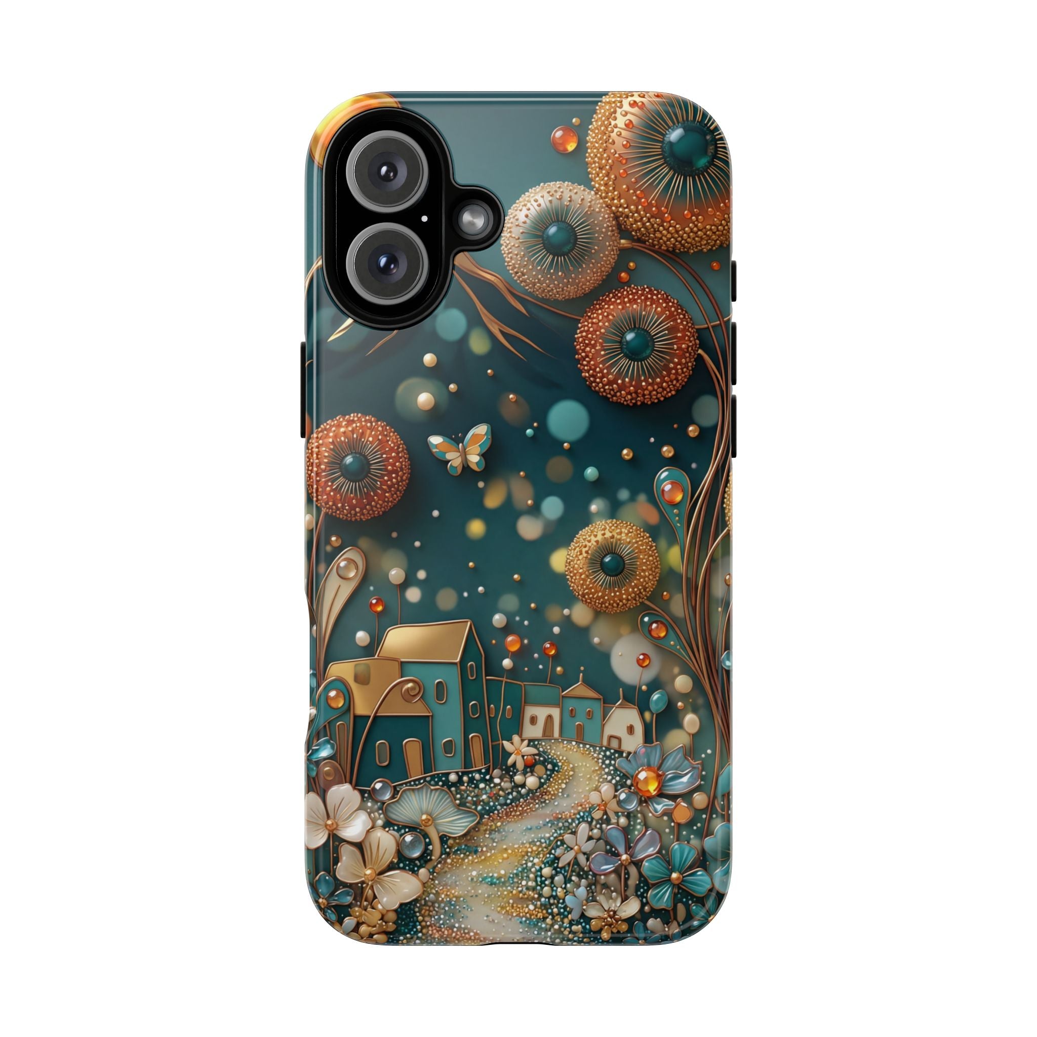 Whimsical Night Village iPhone Case | Floral Moonlit Art Tough Case