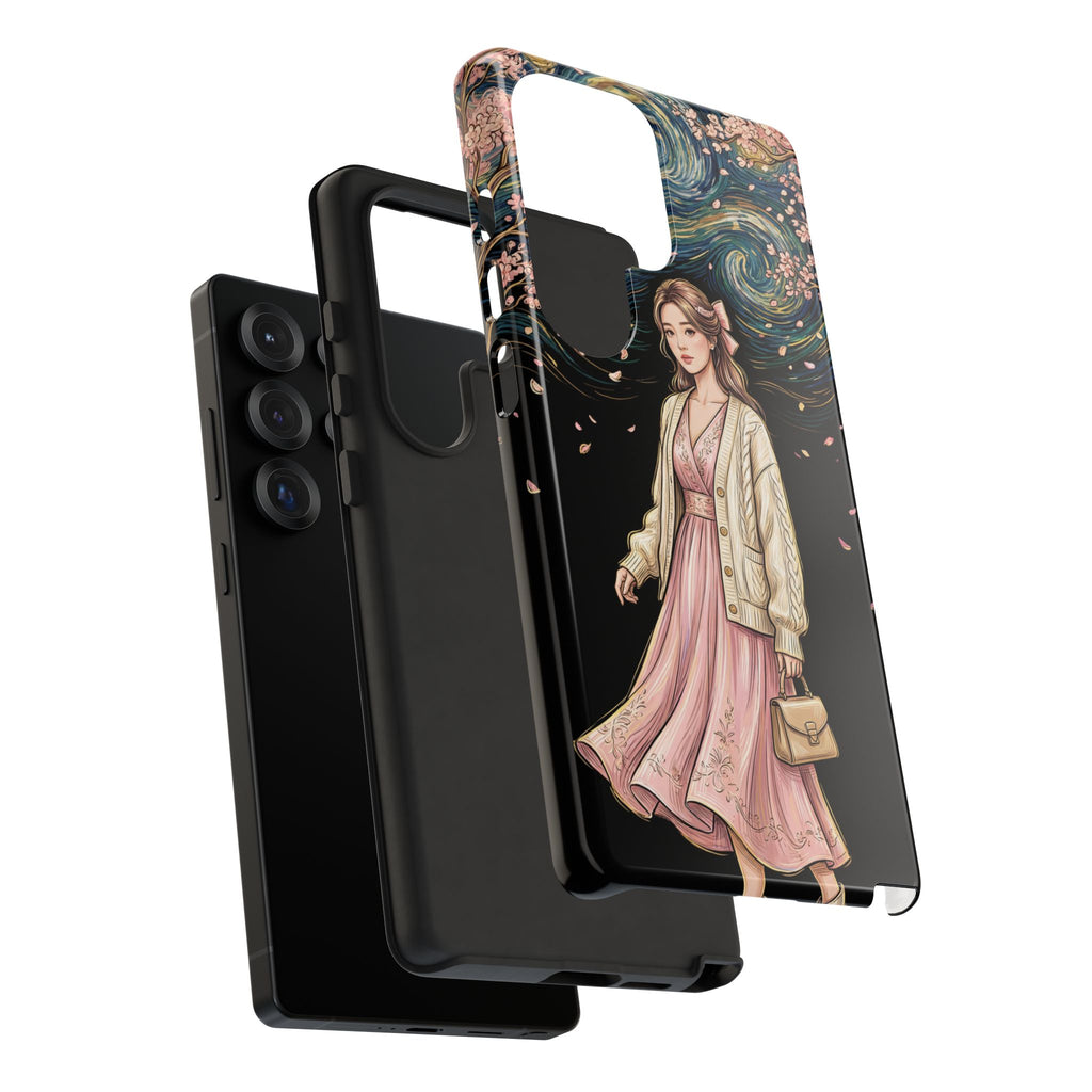 Floral Starry Night Samsung Galaxy Phone Case | Elegant Girl in Pink Dress