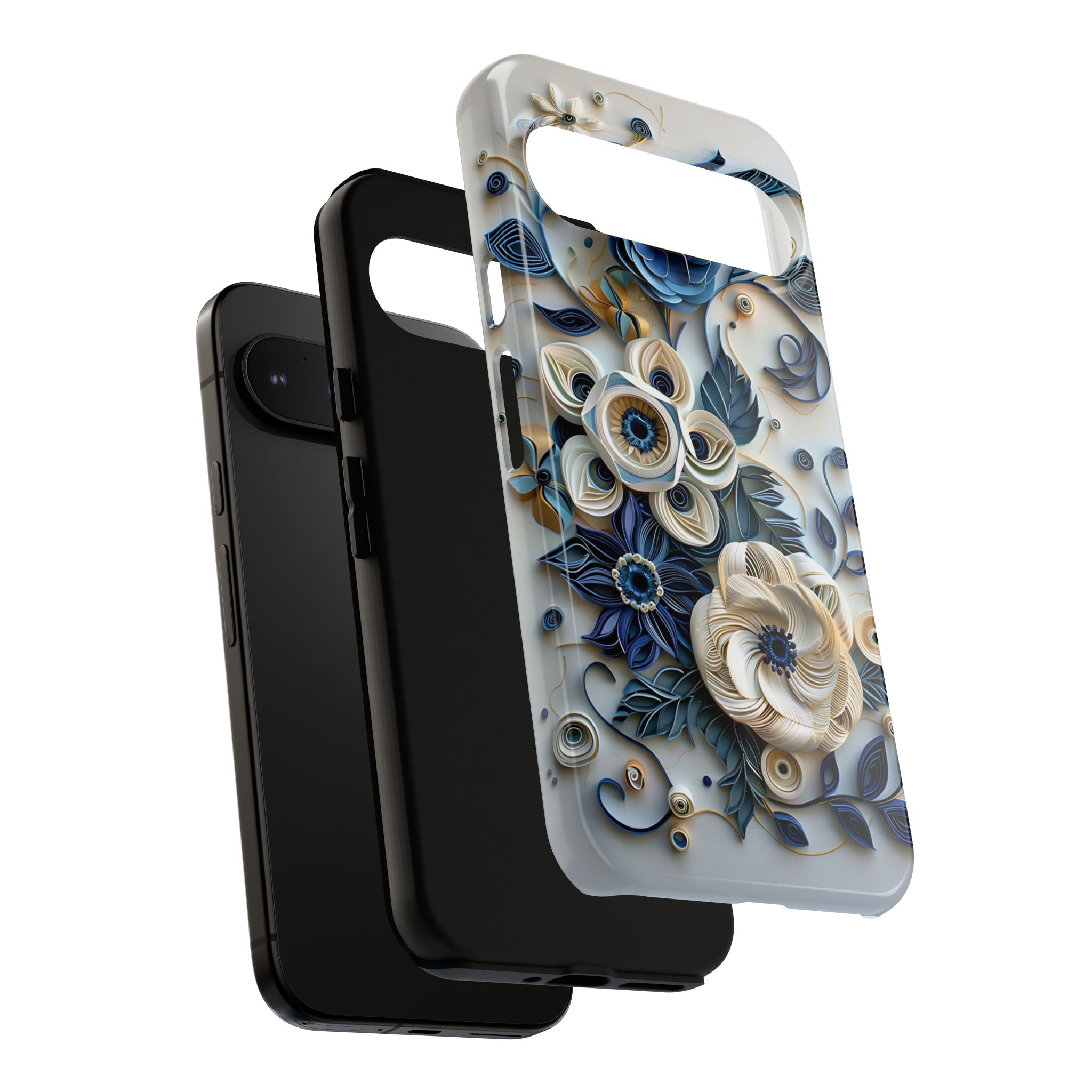 Floral Quilled Art Google Pixel Case — Blue & Cream Decorative Protection