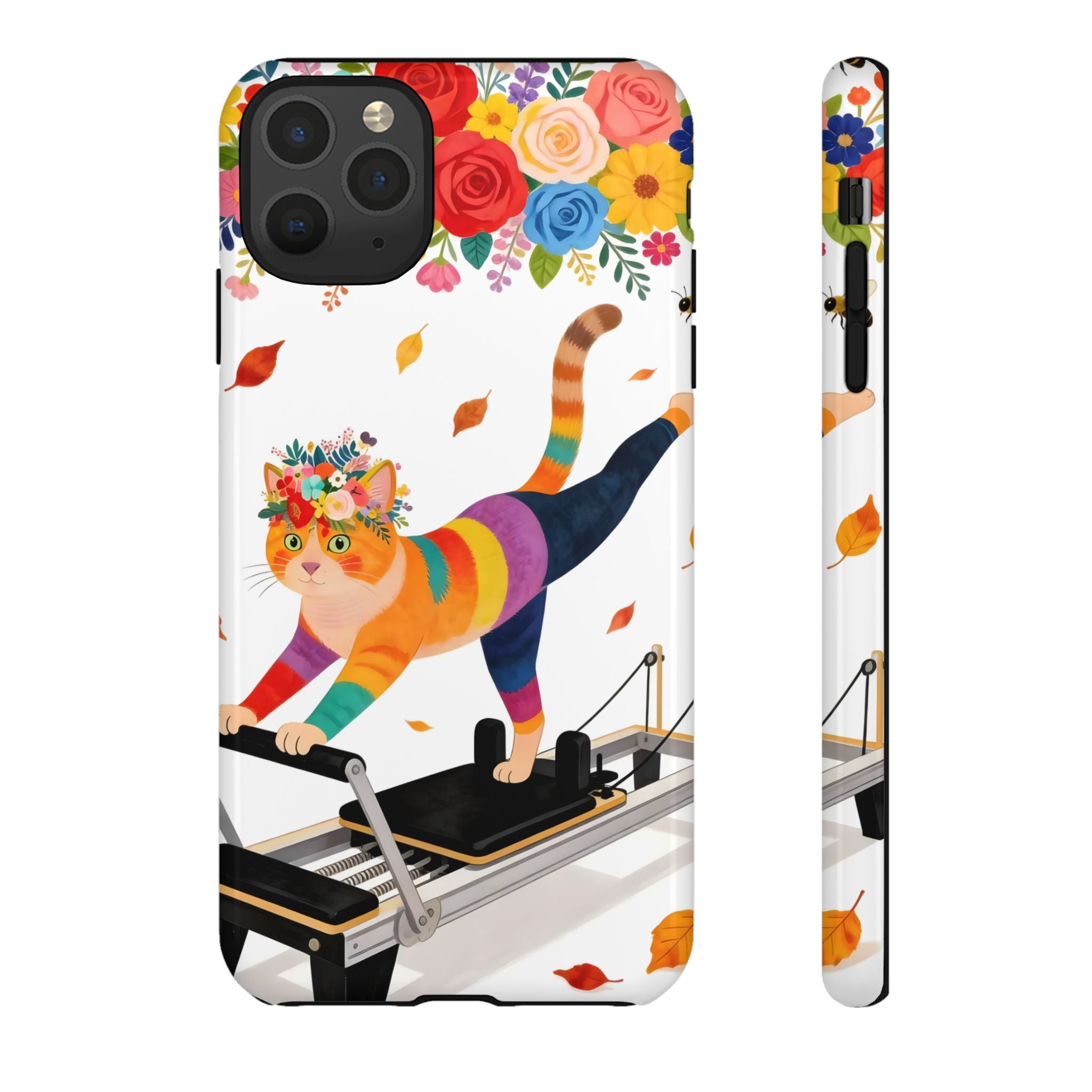 Cat Pilates iPhone Case | Floral Rainbow Cat on Reformer