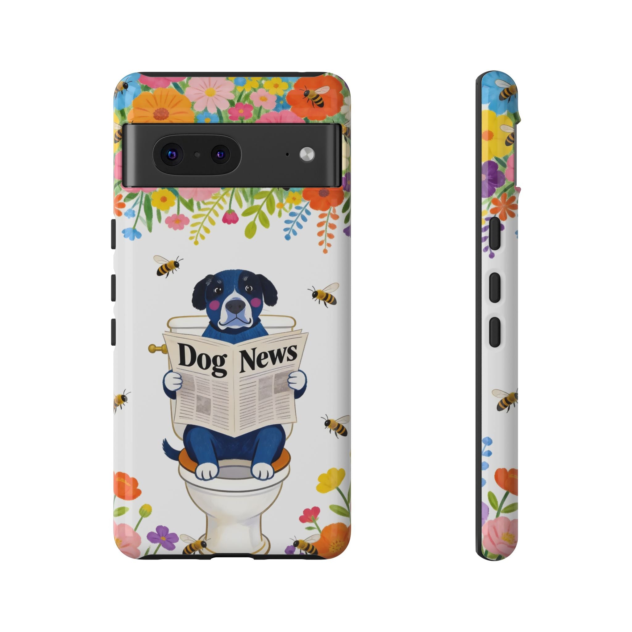 Dog News Floral Google Pixel Phone Case | Cute Dog on Toilet Pattern, Spring Floral