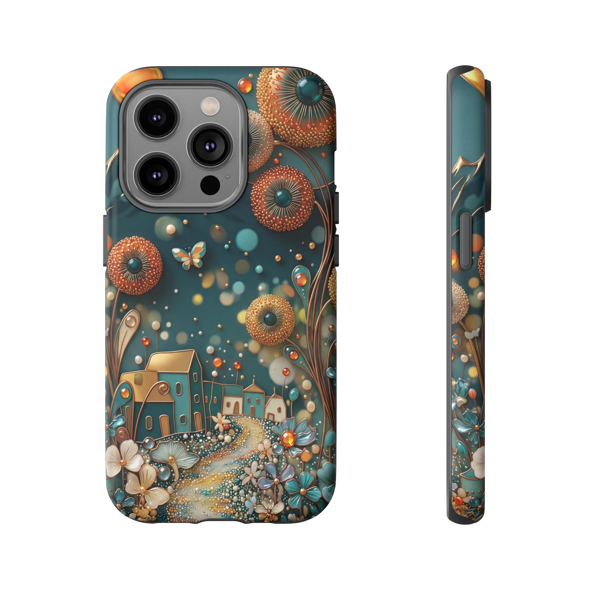 Whimsical Night Village iPhone Case | Floral Moonlit Art Tough Case
