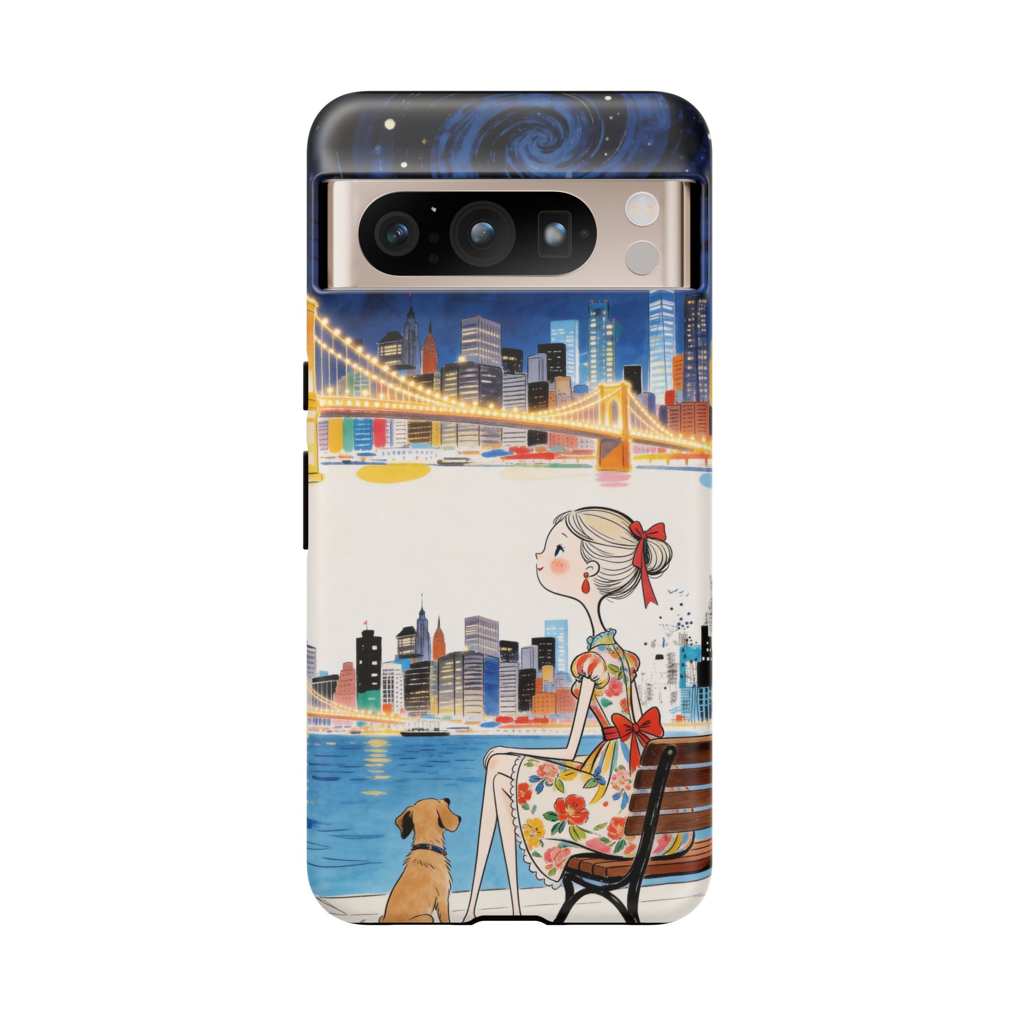 City Night Google Pixel Phone Case | Cute Girl & Dog Bench Illustration