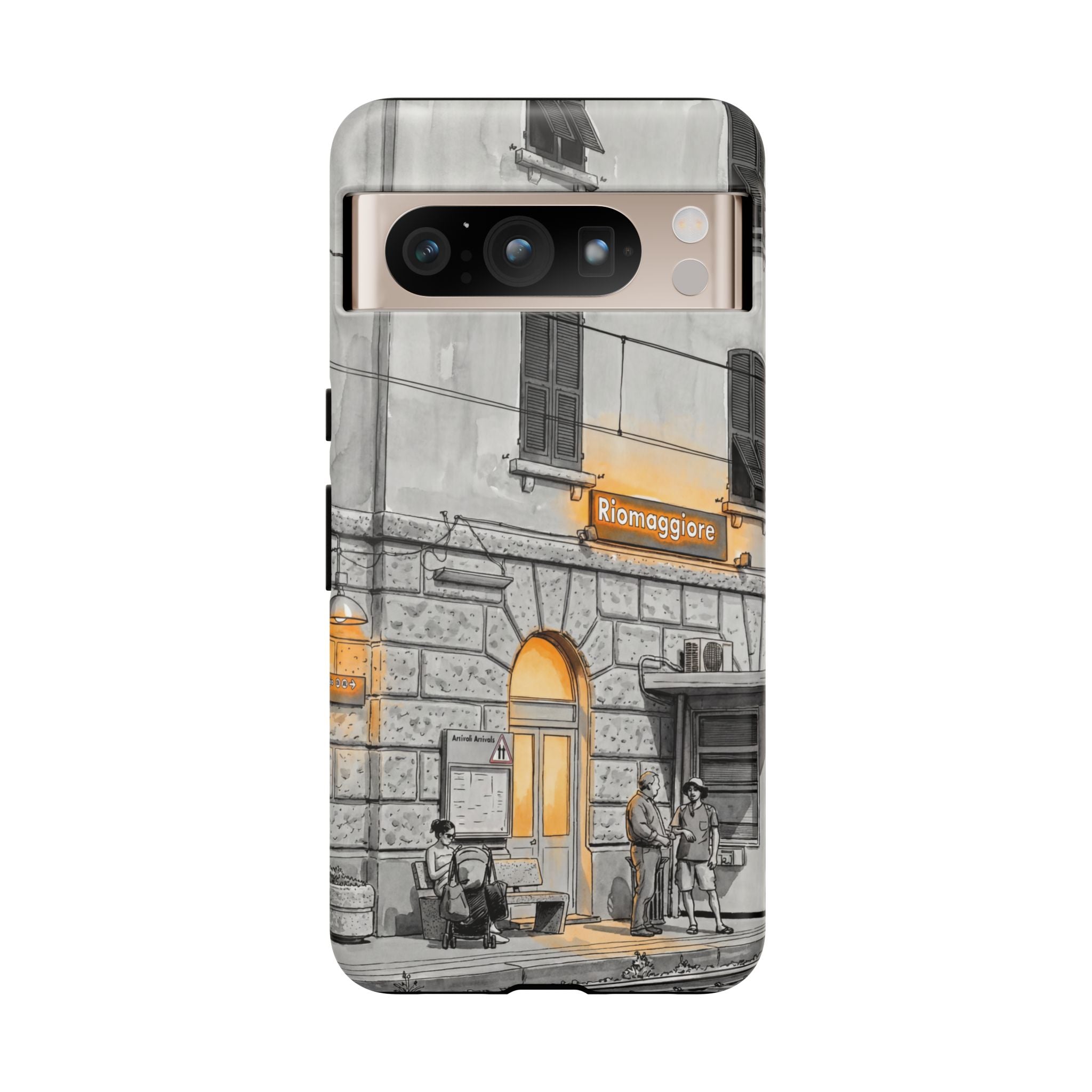 Cinque Terre Train Station Google Pixel Case | Black & White Sketch with Warm Yellow Accents