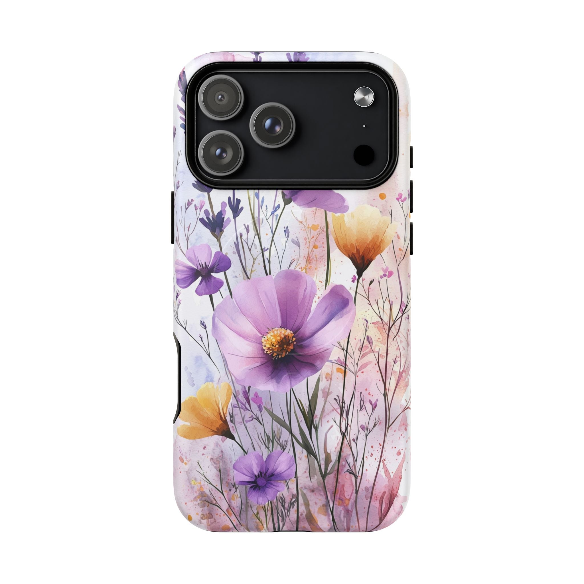 Custodia MagSafe resistente per iPhone con motivo acquerello floreale | Fiori di campo viola e gialli