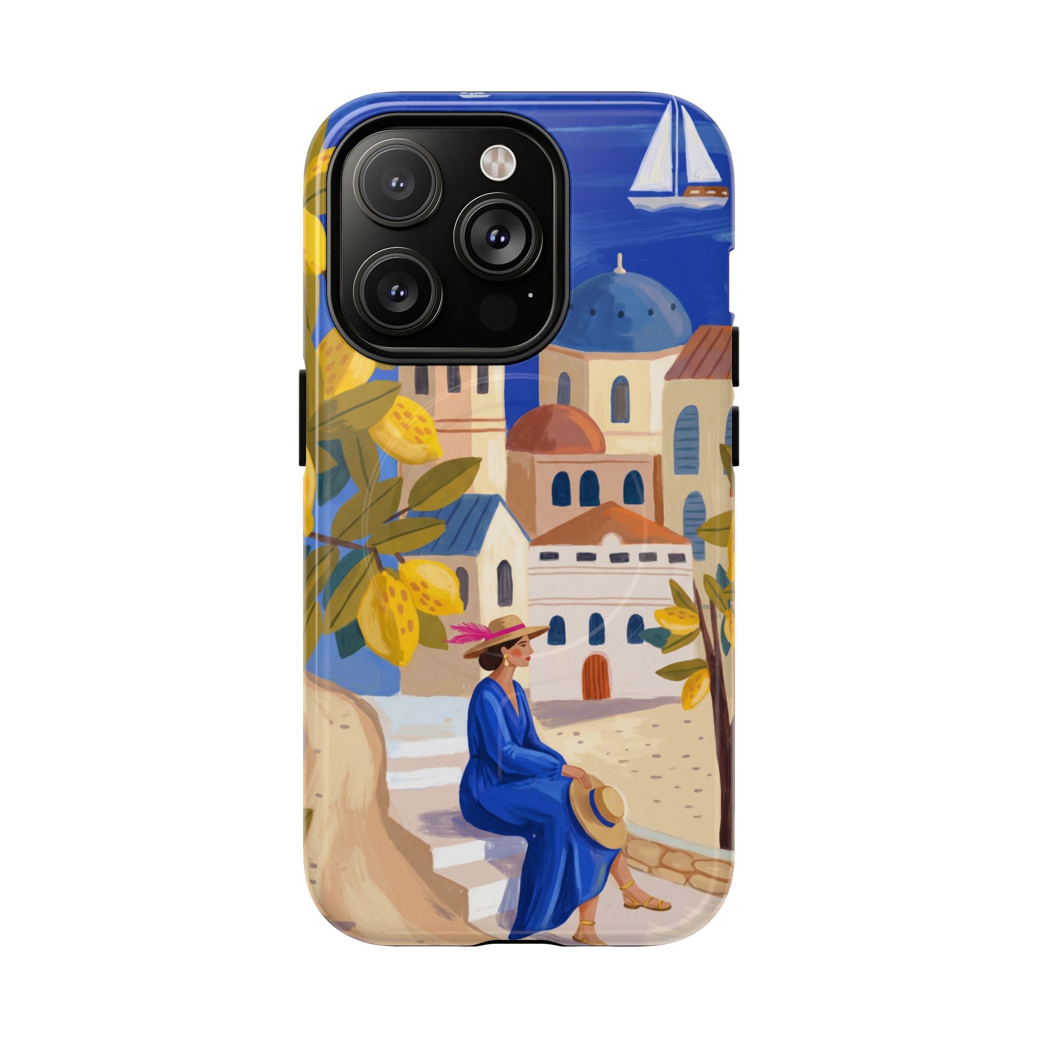 Mediterranean Village MagSafe iPhone Case | Scenic Sailboat & Lemon Grove Design