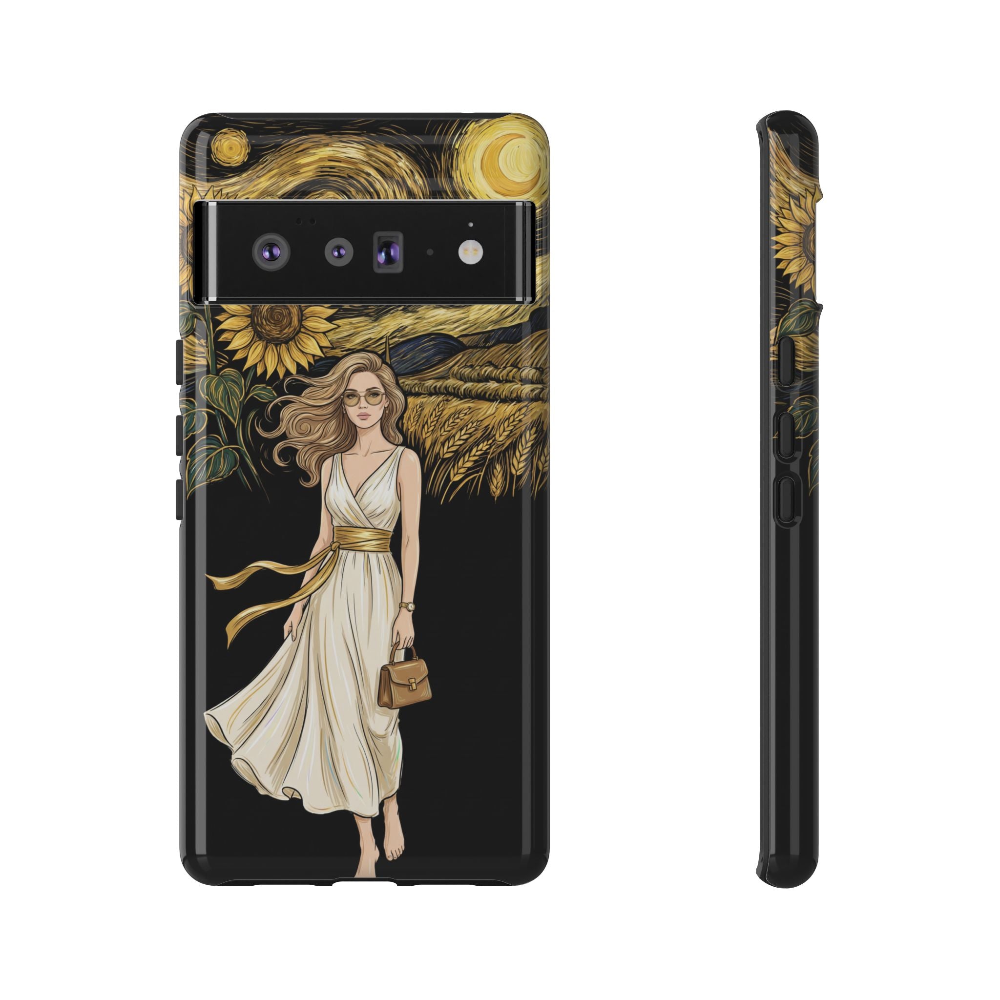 Sunflower Night Google Pixel Phone Case | Woman in Flowing Dress Van Gogh Style