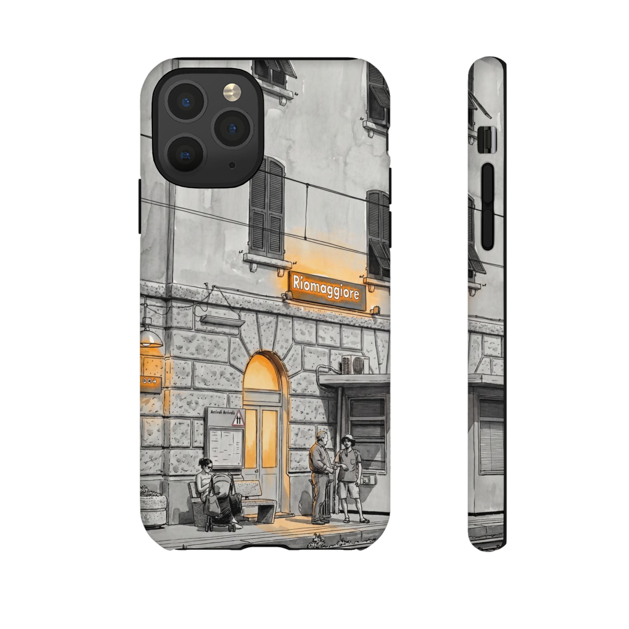 Cinque Terre Train Station iPhone Case | Black & White Sketch with Warm Yellow Accents