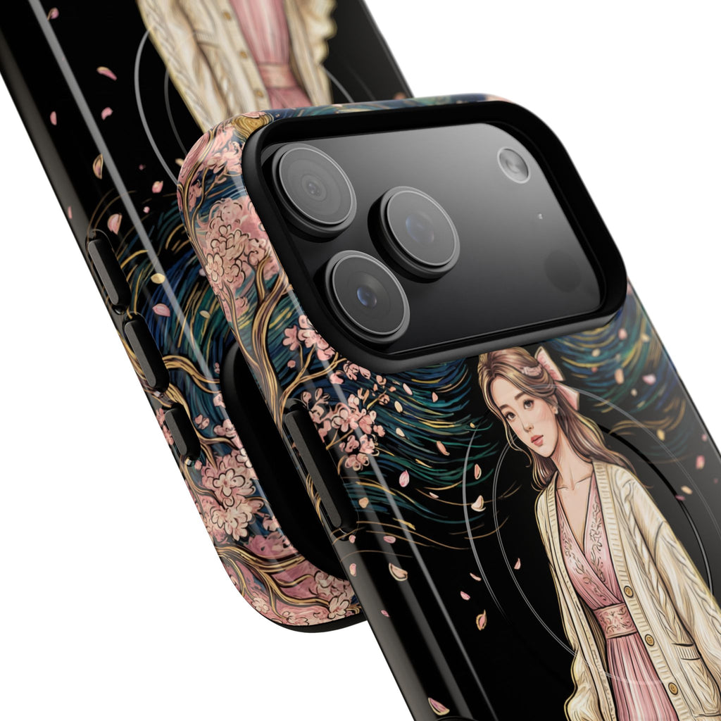 Floral Starry Night MagSafe iPhone Case | Elegant Girl in Pink Dress