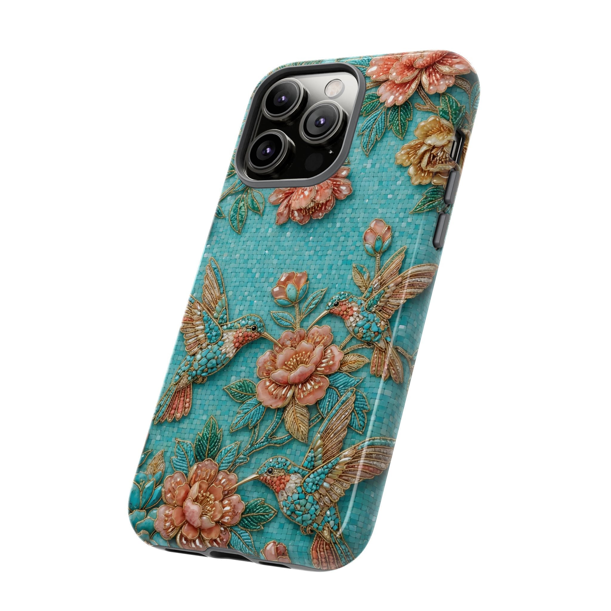Floral Hummingbird Tough iPhone Case | Turquoise Embroidered Garden Design