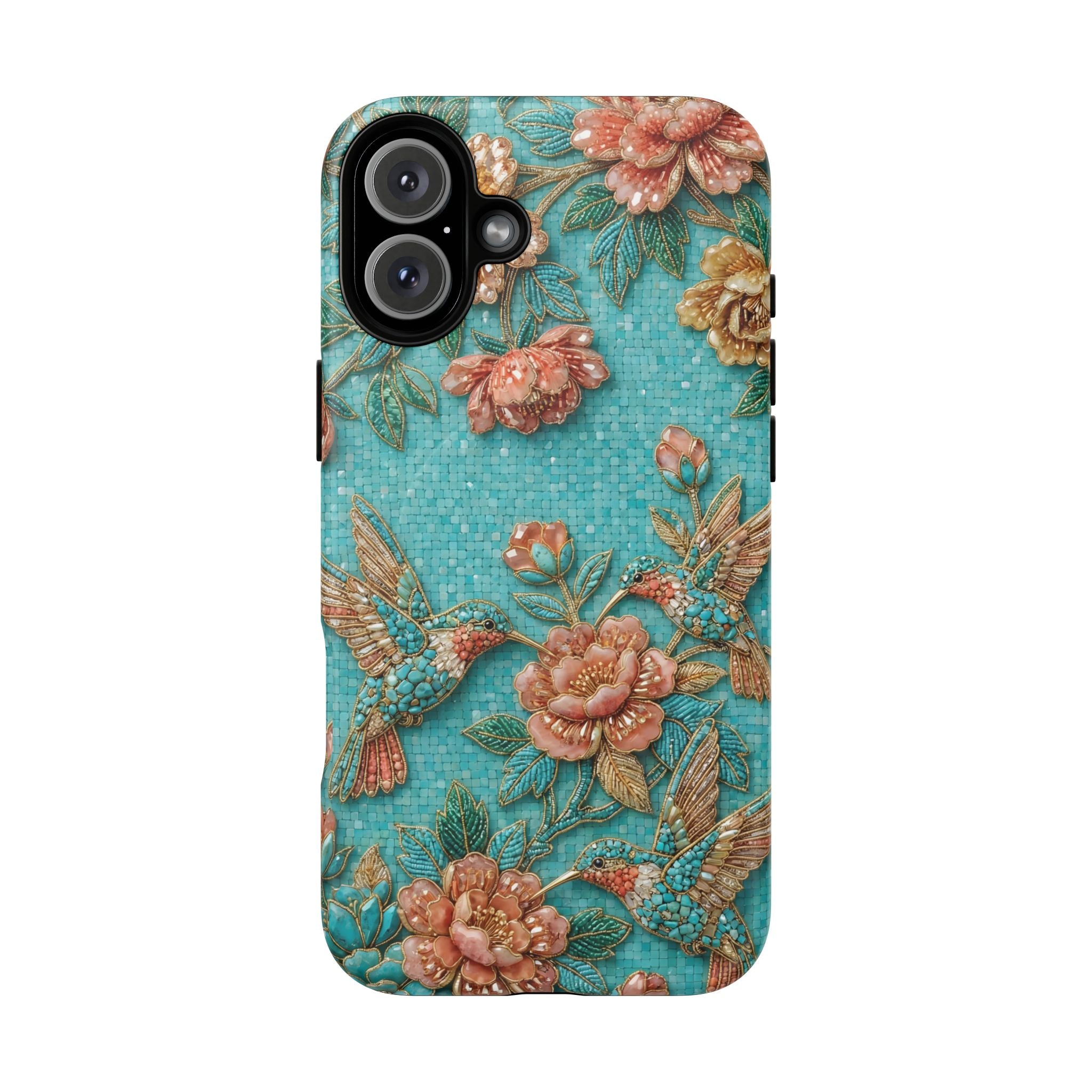 Floral Hummingbird Tough MagSafe iPhone Case | Turquoise Embroidered Garden Design