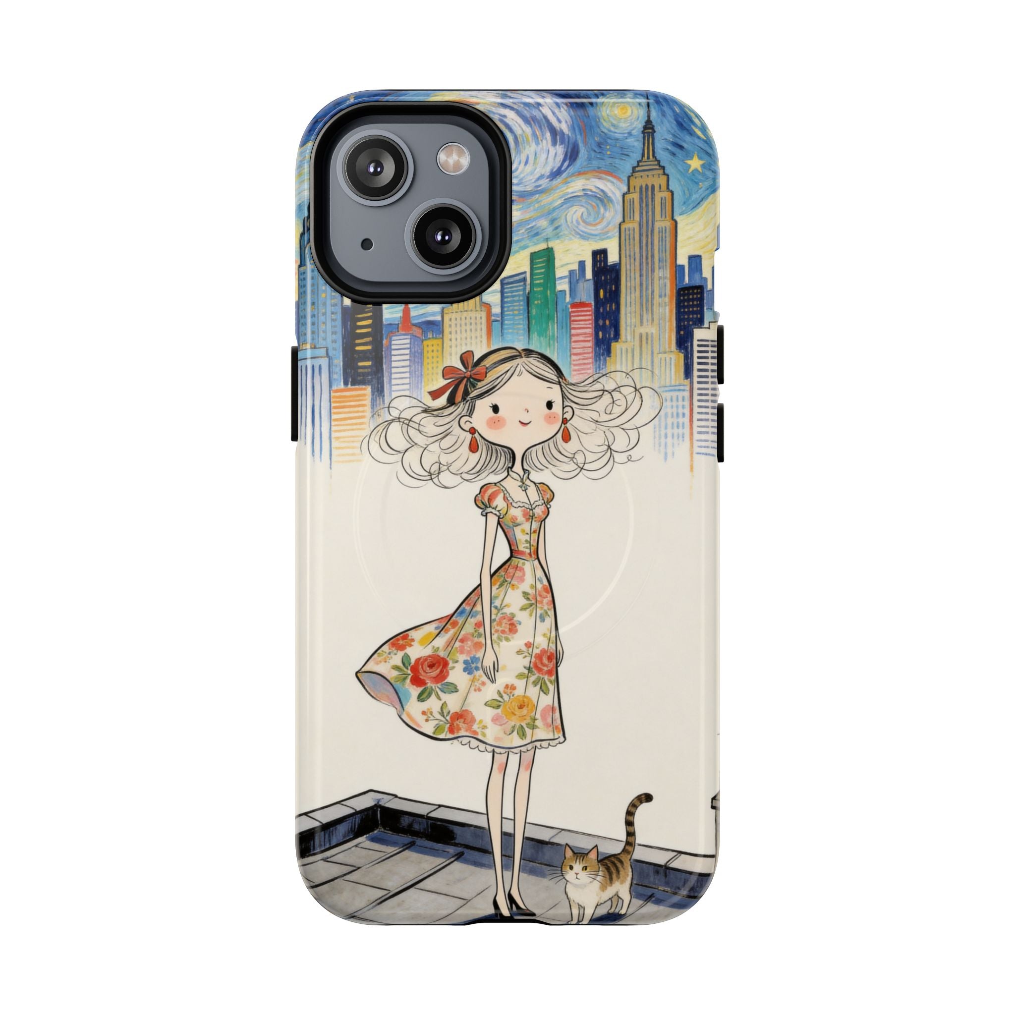 Artistic Girl Cityscape MagSafe iPhone Case | Cute Floral Dress Rooftop Design