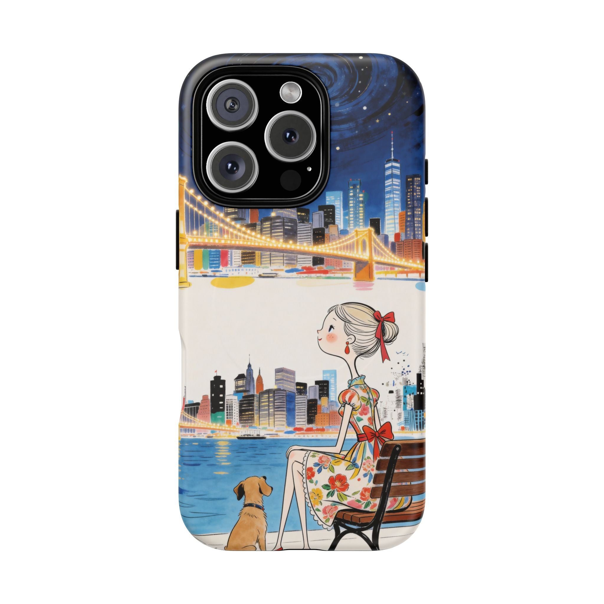 City Night MagSafe iPhone Case | Cute Girl & Dog Bench Illustration