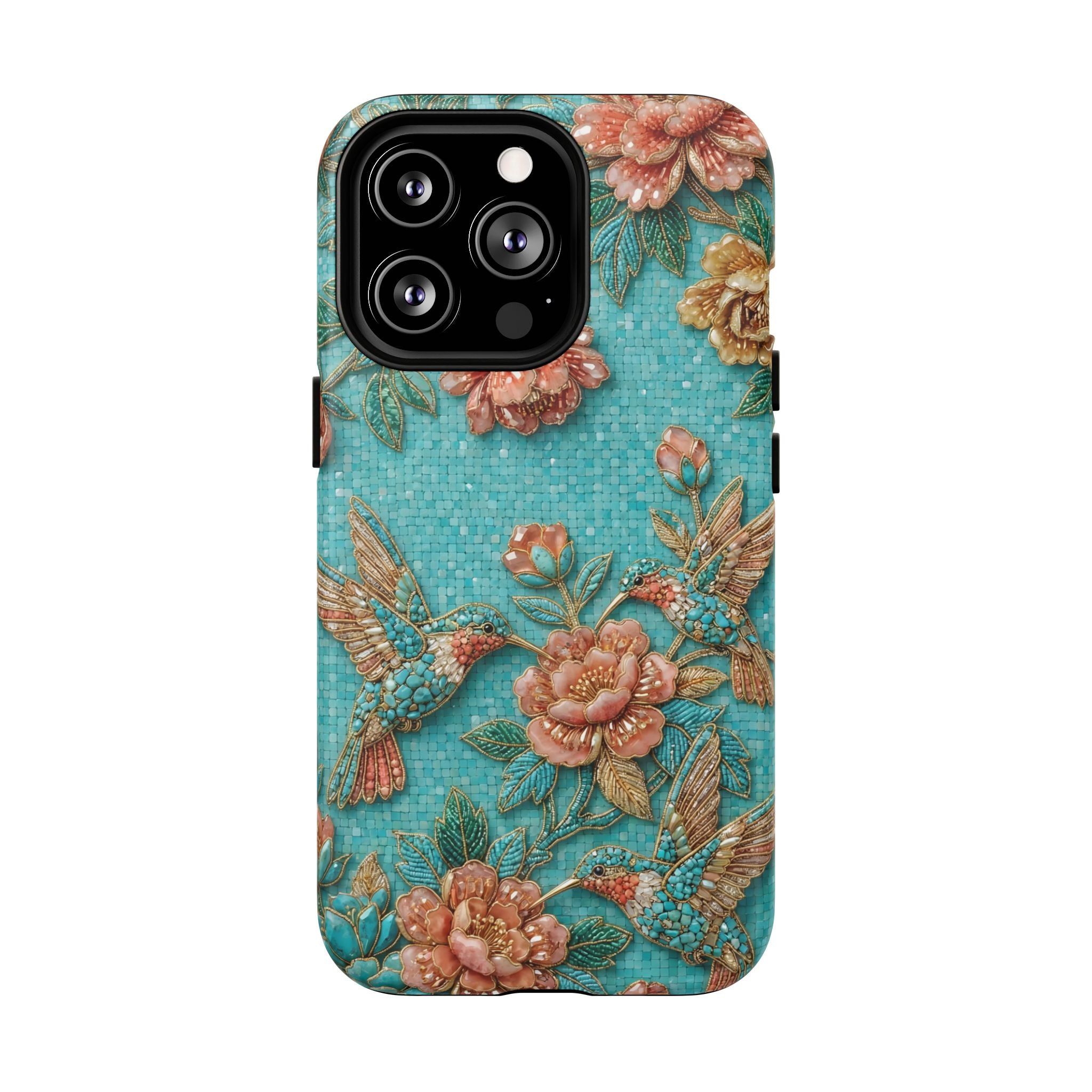 Floral Hummingbird Tough MagSafe iPhone Case | Turquoise Embroidered Garden Design