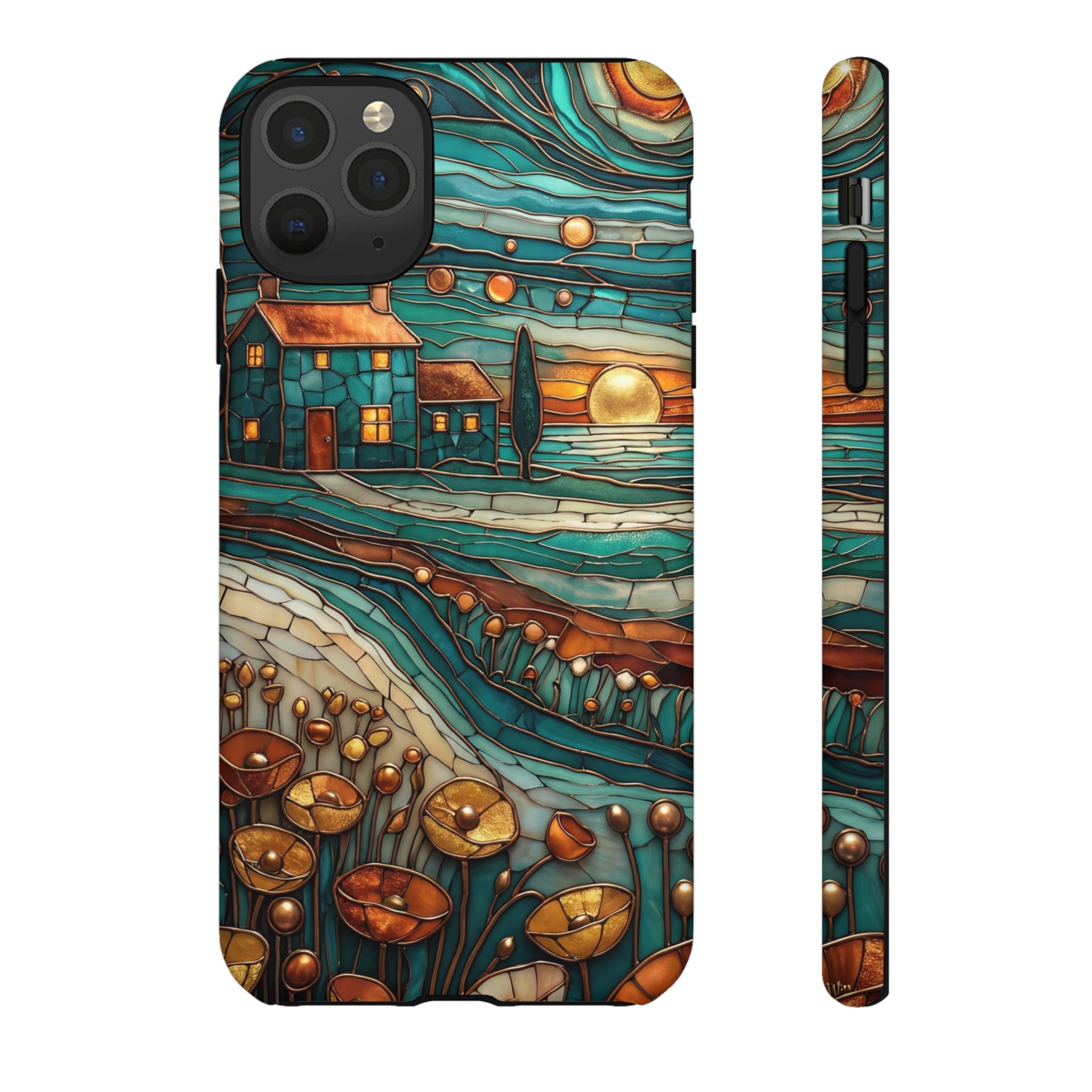 Artistic Sunset Cottage iPhone Case | Whimsical Floral Landscape Protective Cover