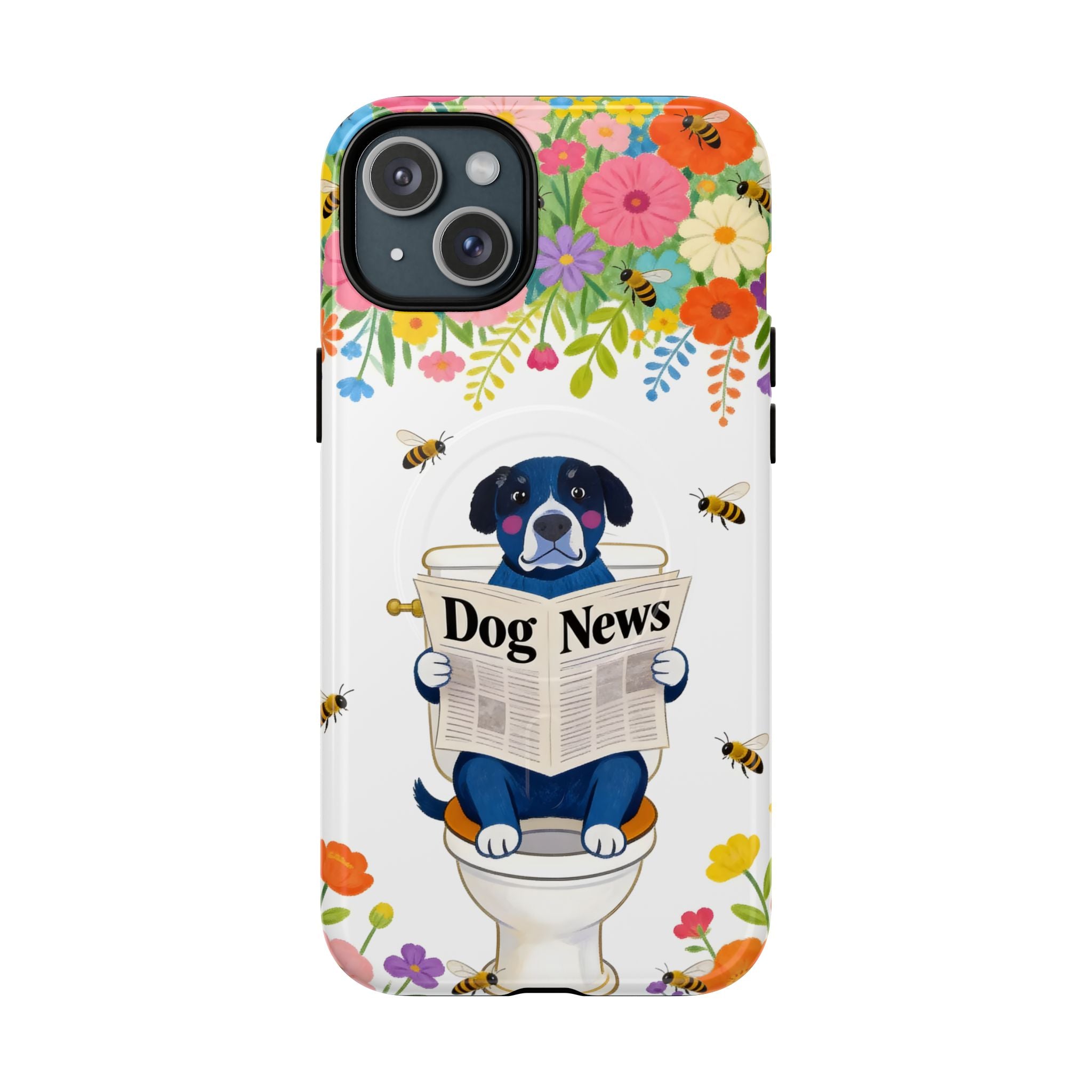 Dog News Floral MagSafe iPhone Case | Cute Dog on Toilet Pattern, Spring Floral iPhone Cover