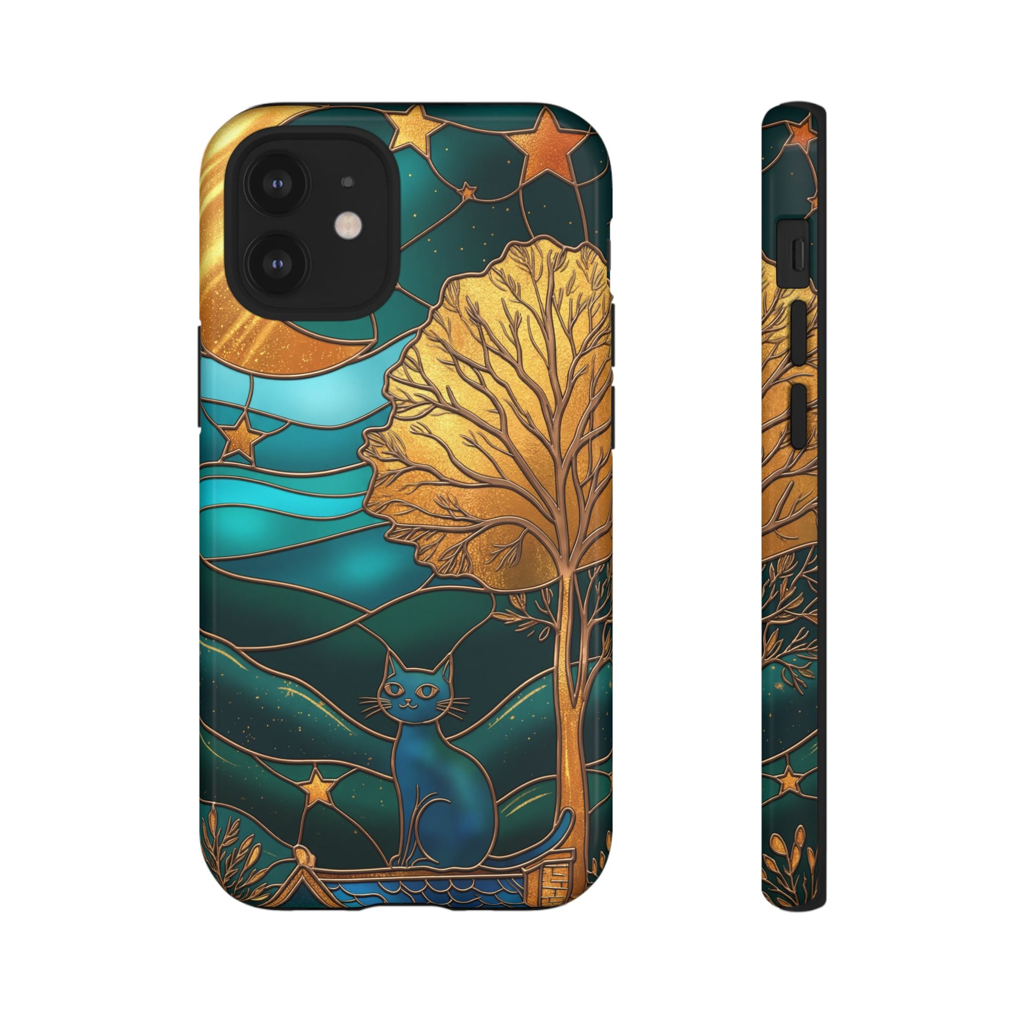 Stained Glass Cat Tough iPhone Case — Gold Tree & Starry Night Design
