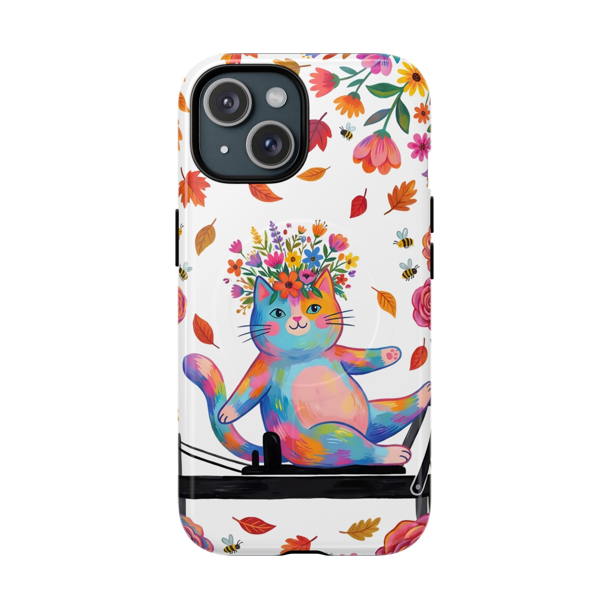 Colorful Floral Cat on Pilates Reformer Protective MagSafe iPhone Case