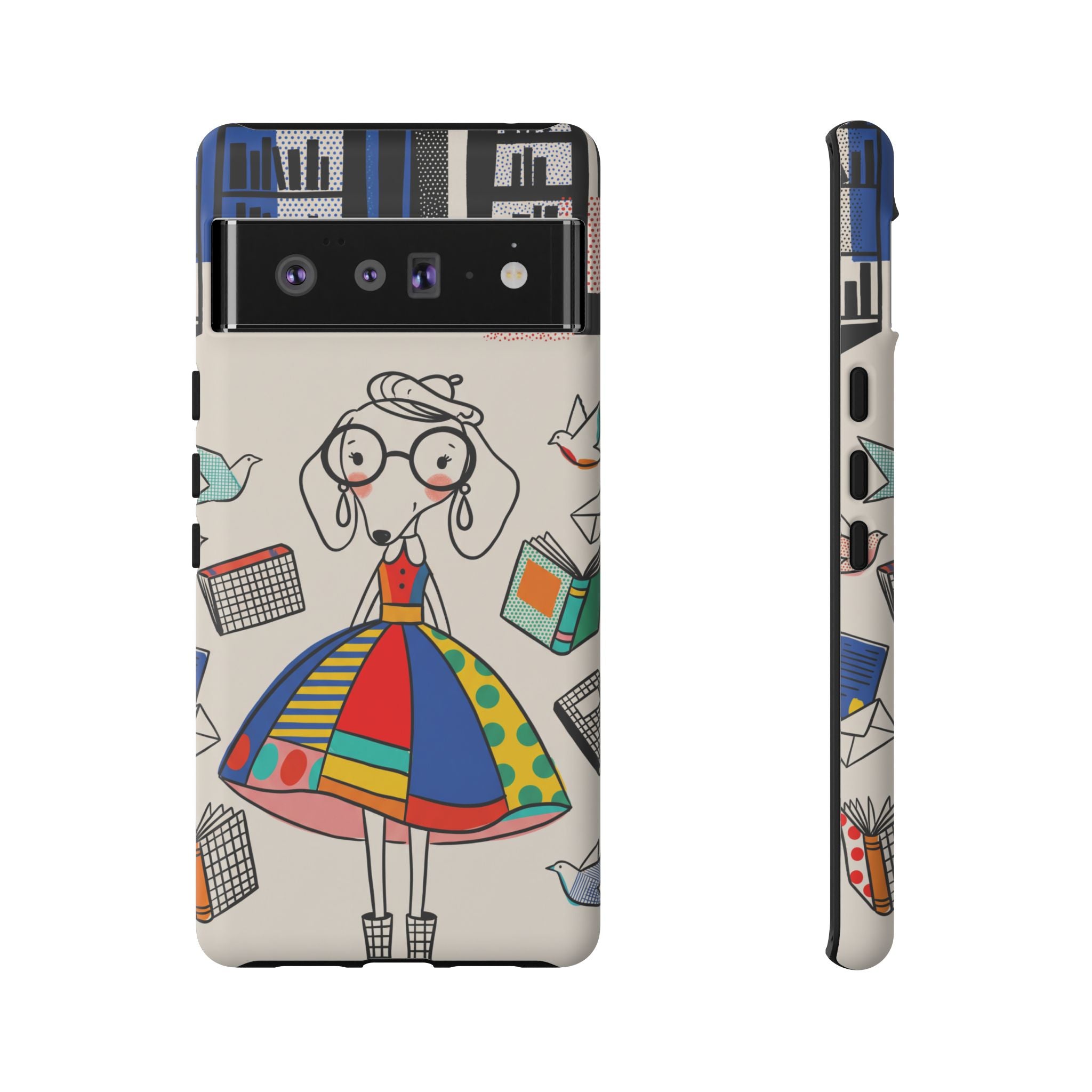 Cute Dachshund Dog Illustration Google Pixel Phone Case | Colorful Whimsical Book & Bird Design
