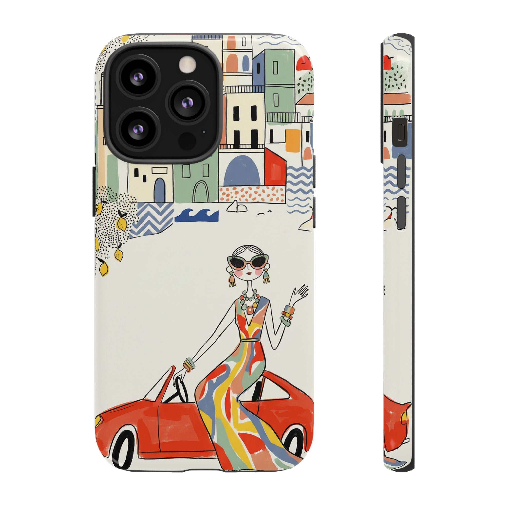 Stylish Riviera iPhone Case | Chic Retro Woman in Convertible Design
