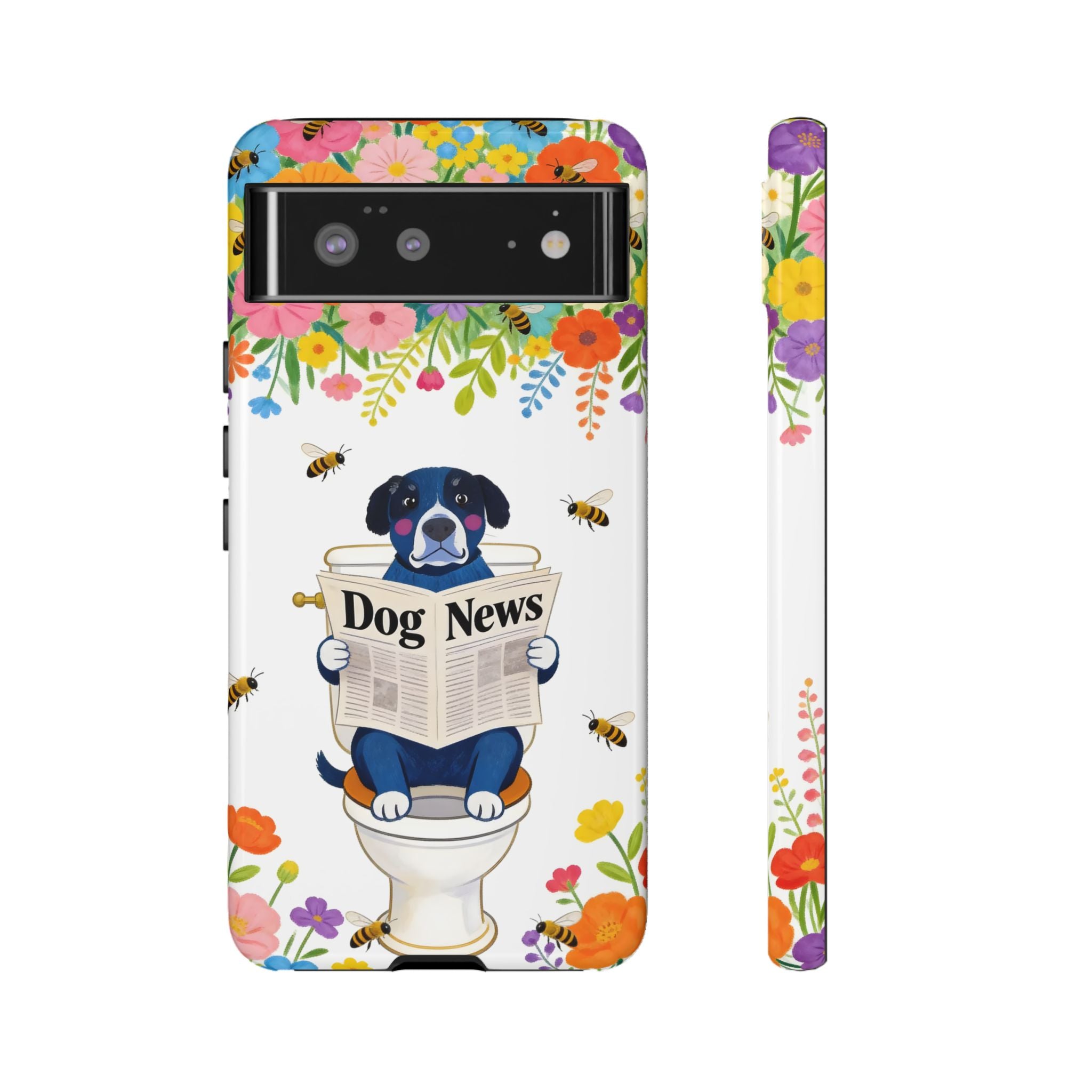Dog News Floral Google Pixel Phone Case | Cute Dog on Toilet Pattern, Spring Floral