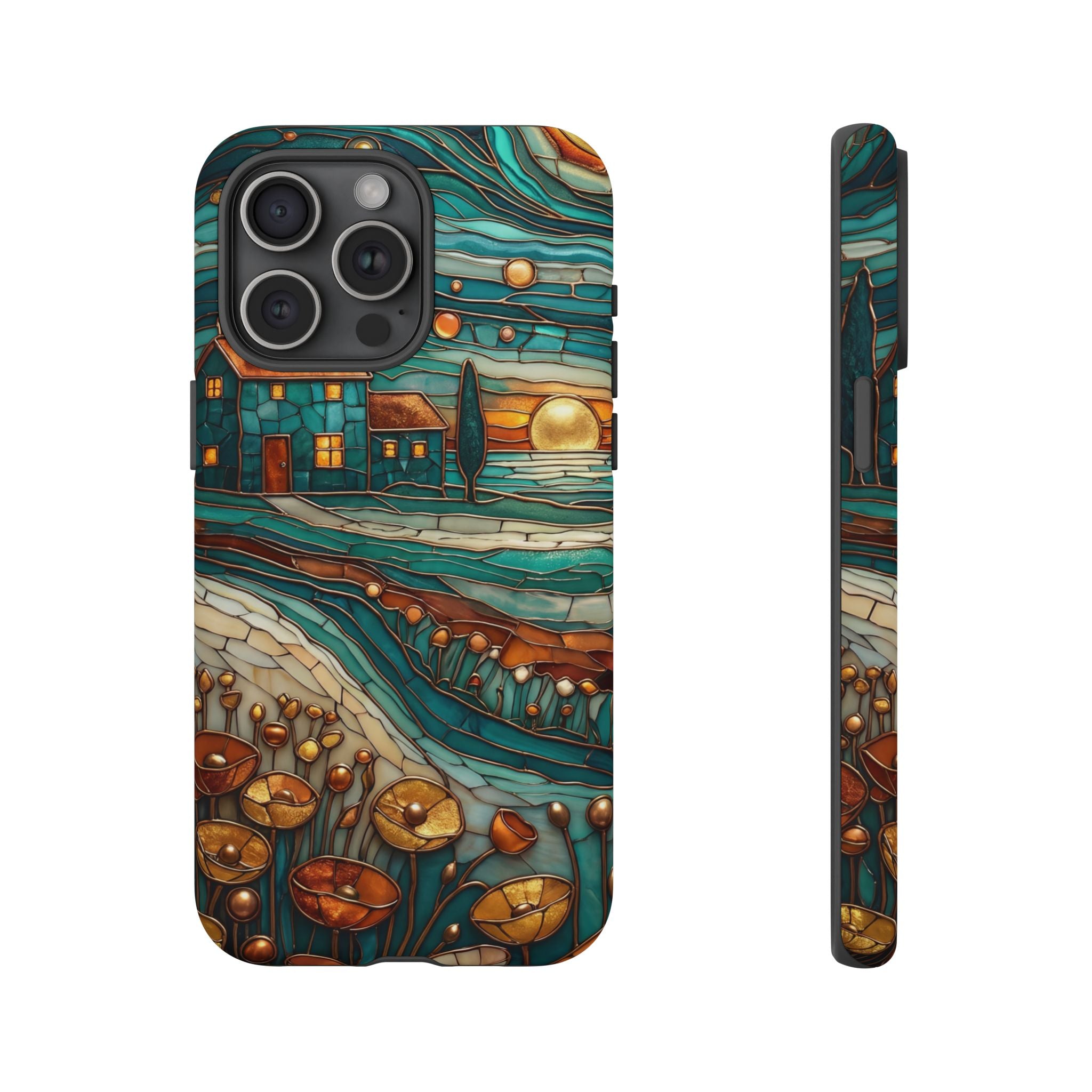 Artistic Sunset Cottage iPhone Case | Whimsical Floral Landscape Protective Cover