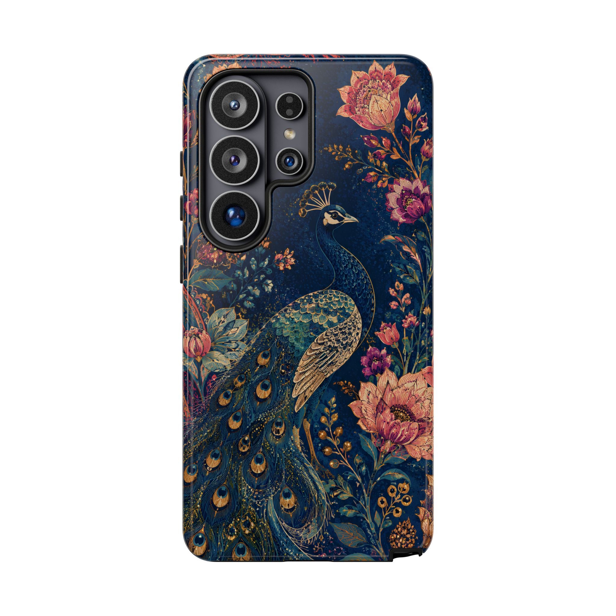 Peacock Floral Tough Samsung Galaxy Phone Case | Antique Indigo Gold Art Cover