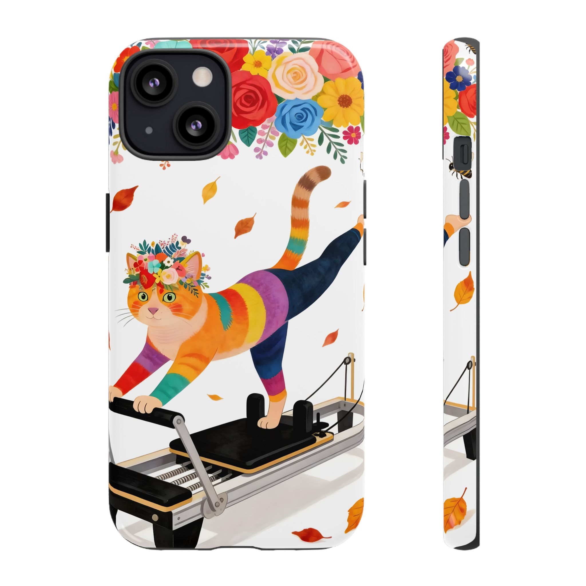 Cat Pilates iPhone Case | Floral Rainbow Cat on Reformer