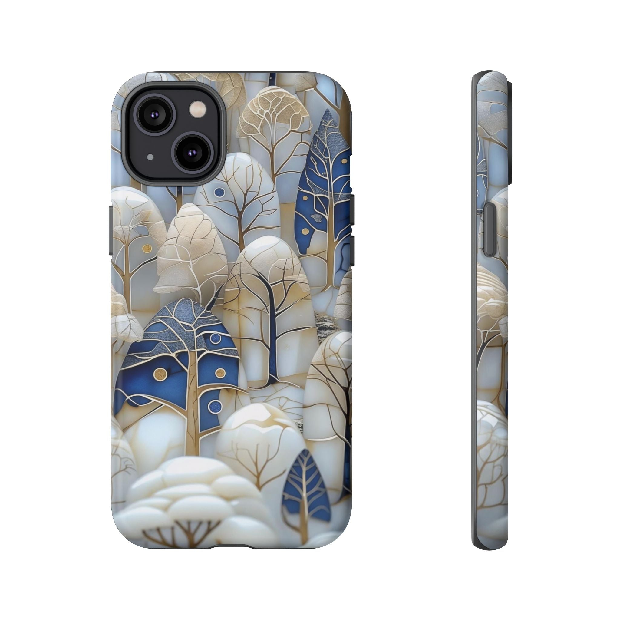 Blue Gold Winter Forest iPhone Case — Elegant Tree Pattern Tough Case