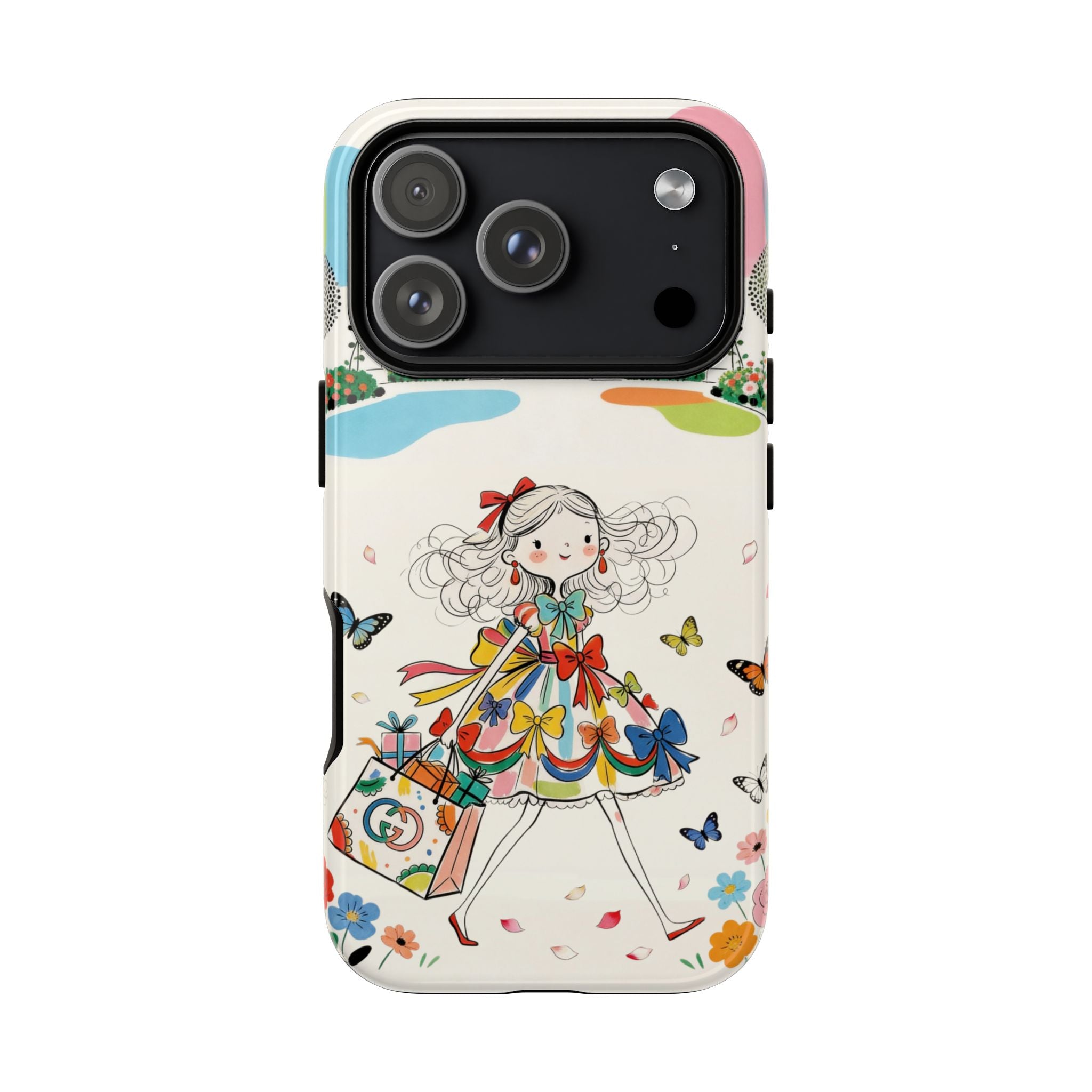 Whimsical Shopping Girl iPhone Case | Cute Floral Butterfly Tough Case