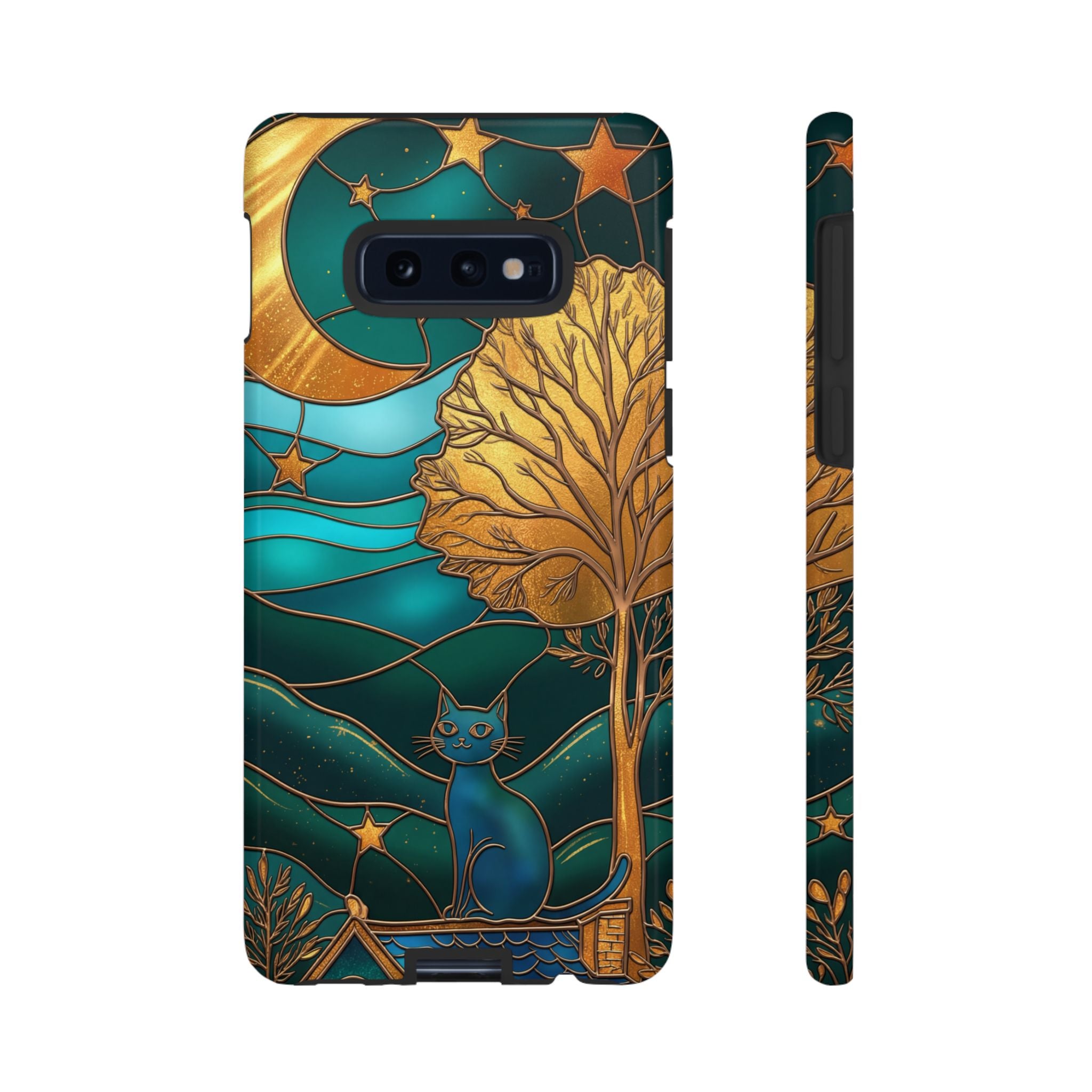 Stained Glass Cat Tough Samsung Galaxy Case | Gold Tree & Starry Night Design