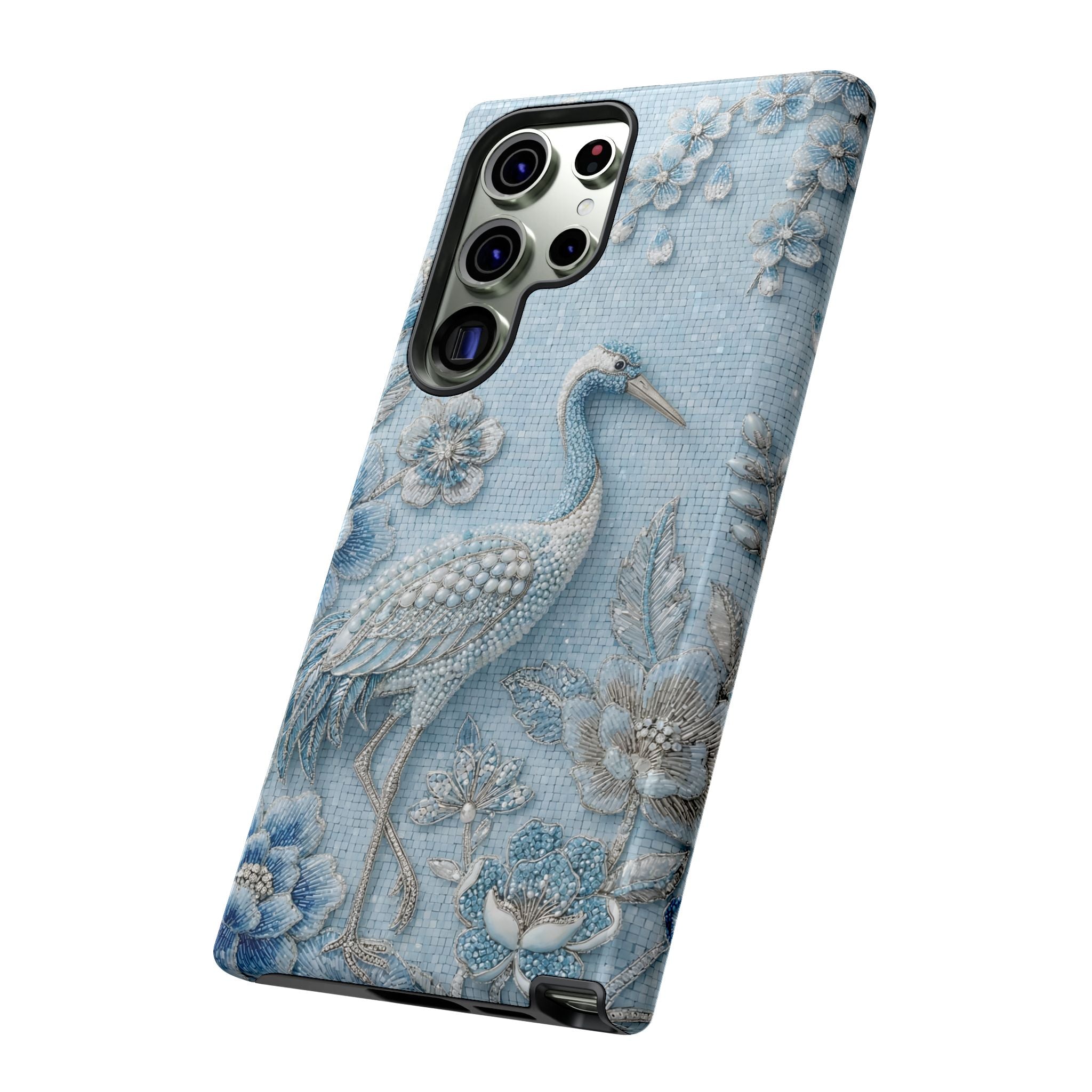 Blue Crane Floral Samsung Galaxy Phone Case | Vintage Embossed Bird Design