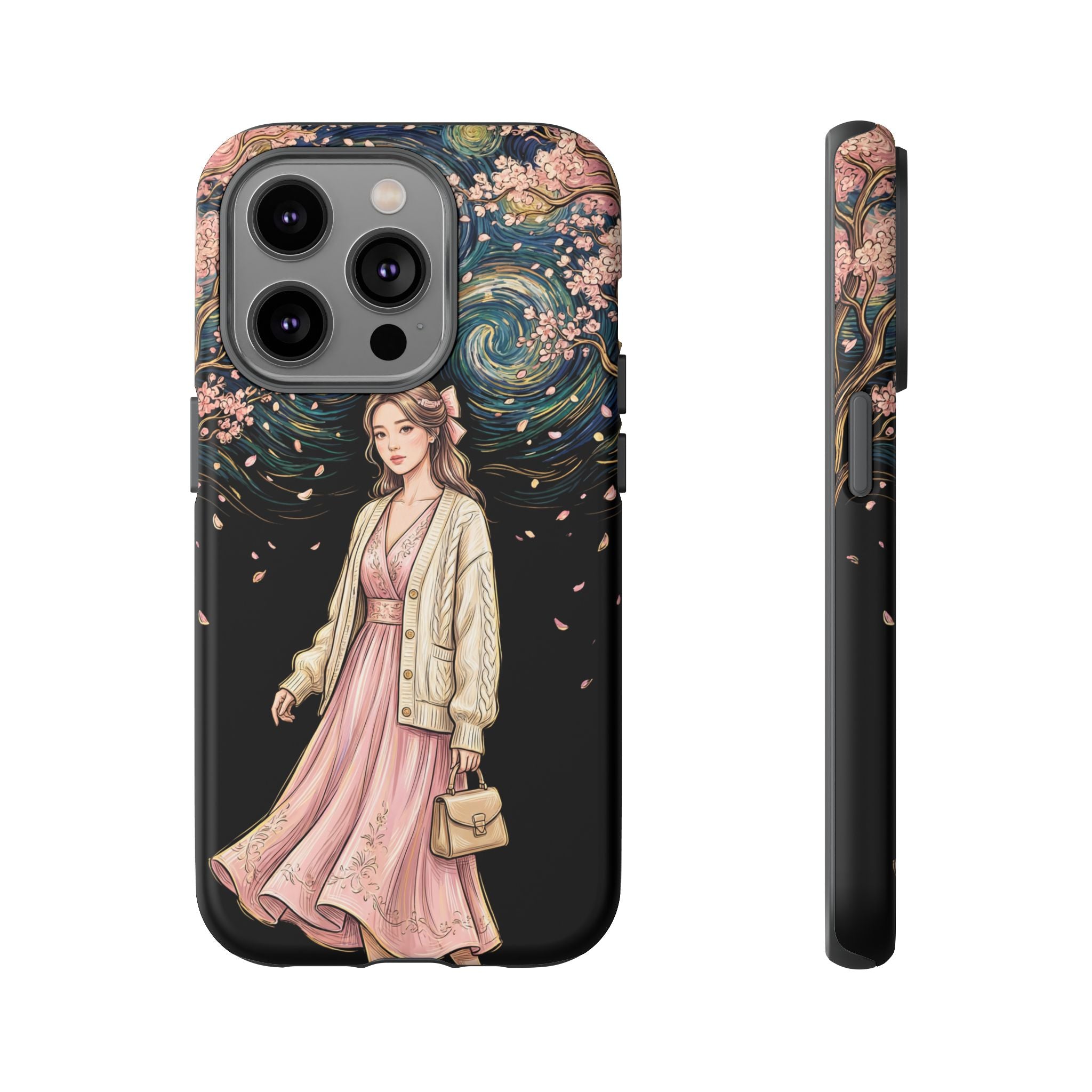 Floral Starry Night iPhone Case | Elegant Girl in Pink Dress