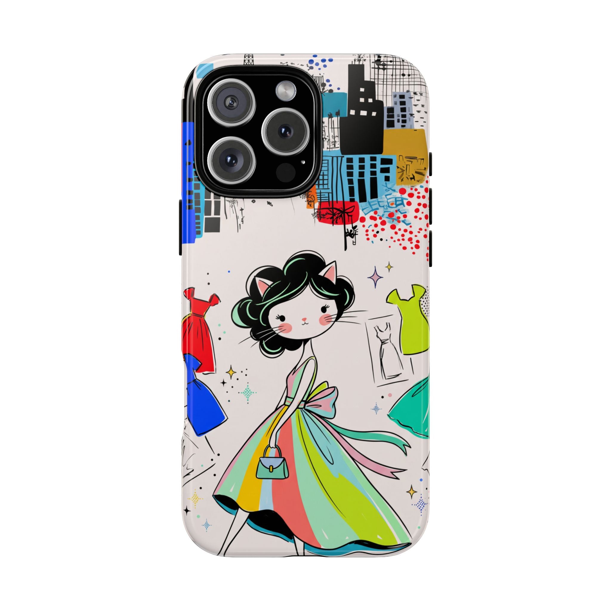 Retro Fashion Cat Girl iPhone Case | Cute Dress & City Print