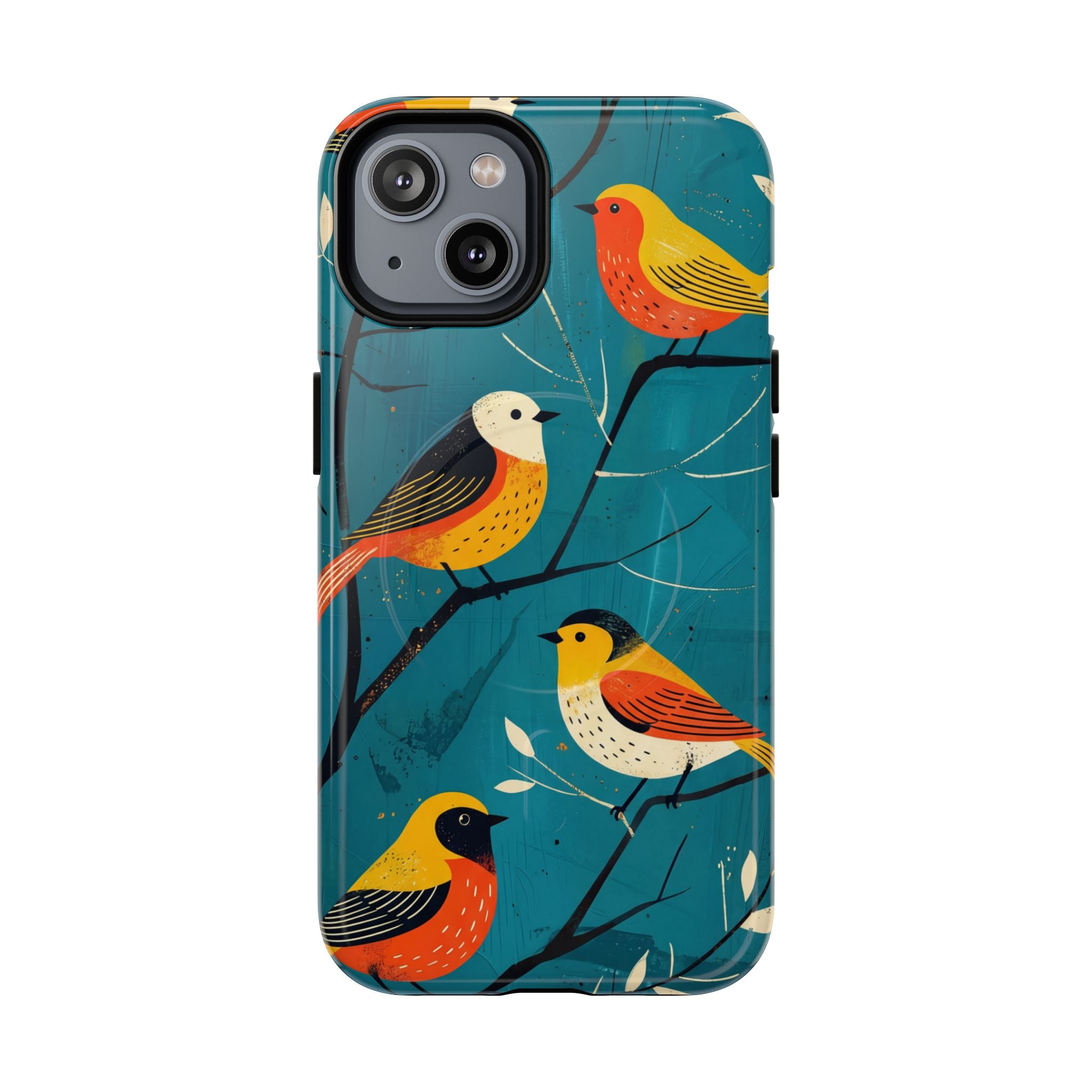 Bird Pattern Tough MagSafe iPhone Case | Colourful Songbirds on Teal Background