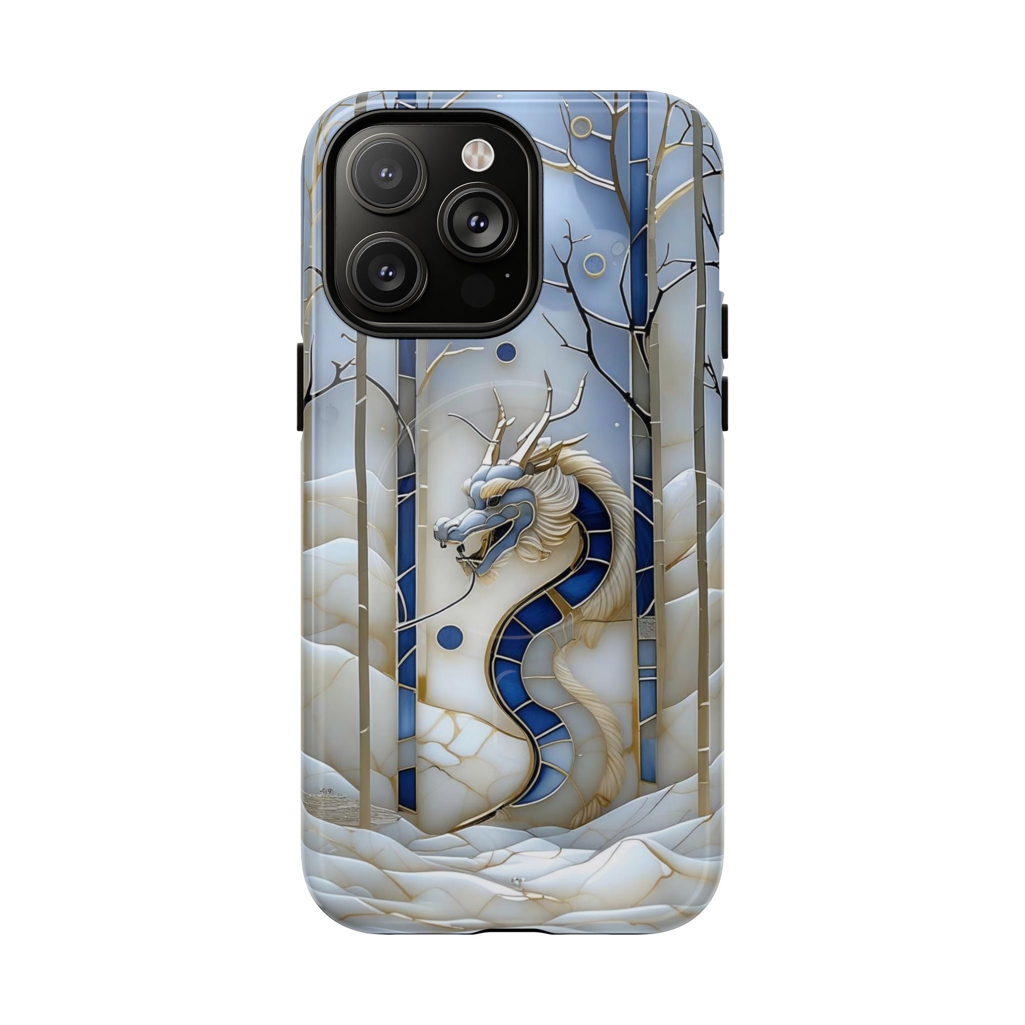 Dragon Stained Glass Tough MagSafe Phone Case — Blue & Ivory Medieval Art